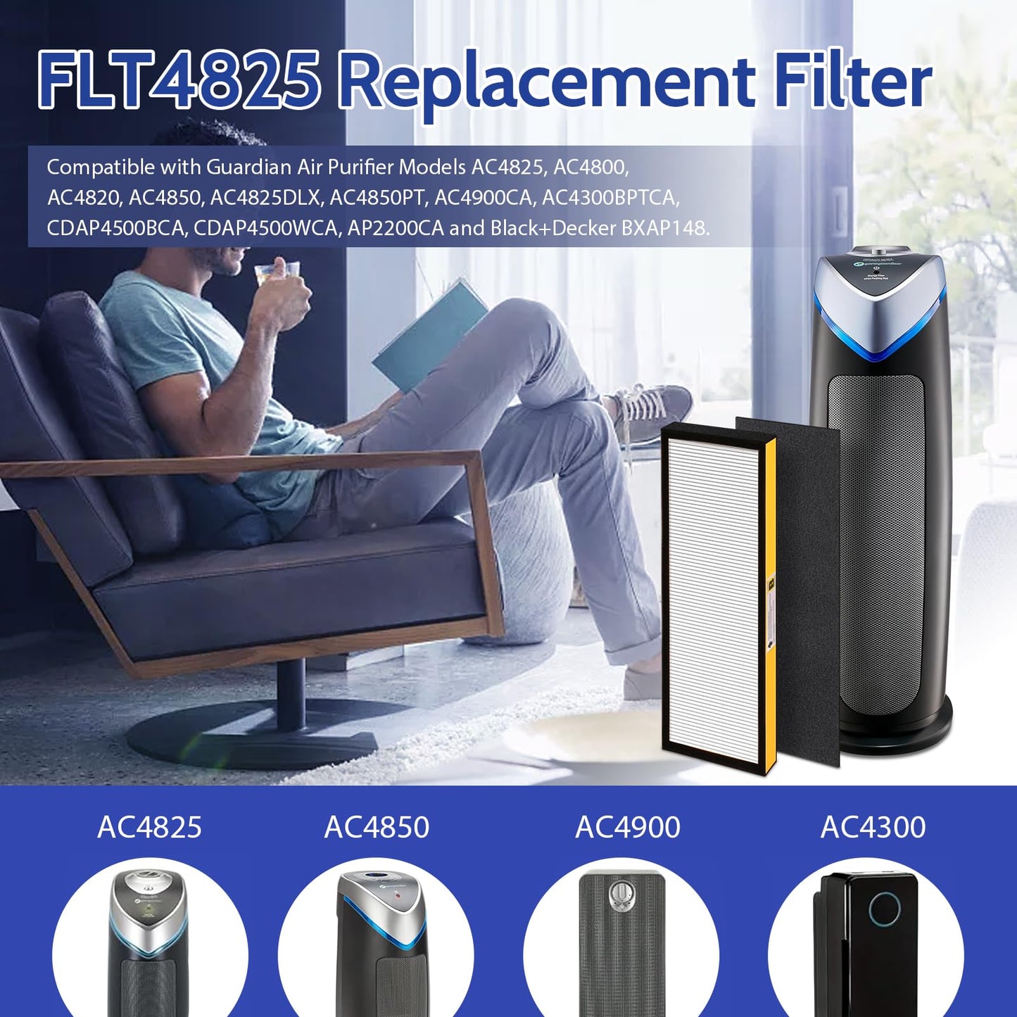 XBGG FLT4825 HEPA Filter B Replacement for Germ Guardian Air Purifier Filter Replacement for AC4825 AC4300 AC4800 AC4850 AC4900 Filter Replace, 4 Pack HEPA Filter B + 4 Carbon Pre-Filters
