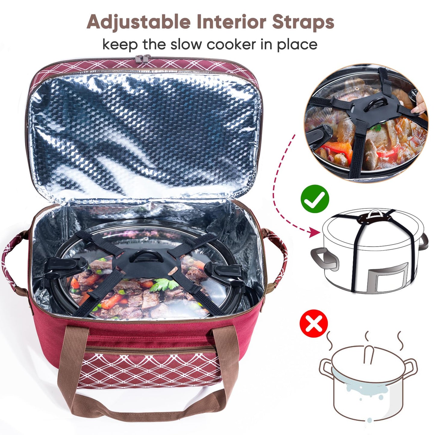 Double Layer Slow Cooker Carrier Bag – Fits 6–8 Qt Oval Slow Cooker Compatible with CrockPot & Hamilton Beach | Insulated Travel Tote with Utensil Storage & Adjustable Straps