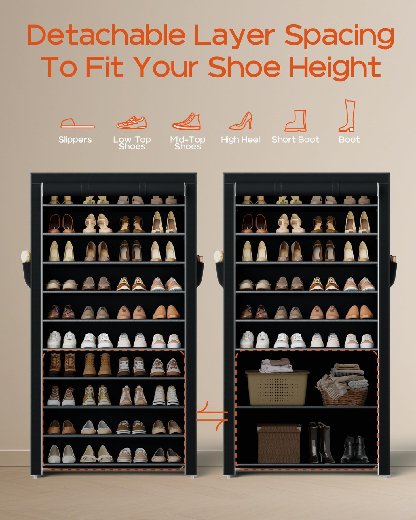 CASAMAYA Shoe Rack with Covers, 10 Tiers Tall Shoe Rack Organizer, Large Capacity Shoe Shelf Storage, Hold 40 Pairs of Shoes, Vertical Shoe Storage Organizer for Closet, Entryway, Black, SRT104B01