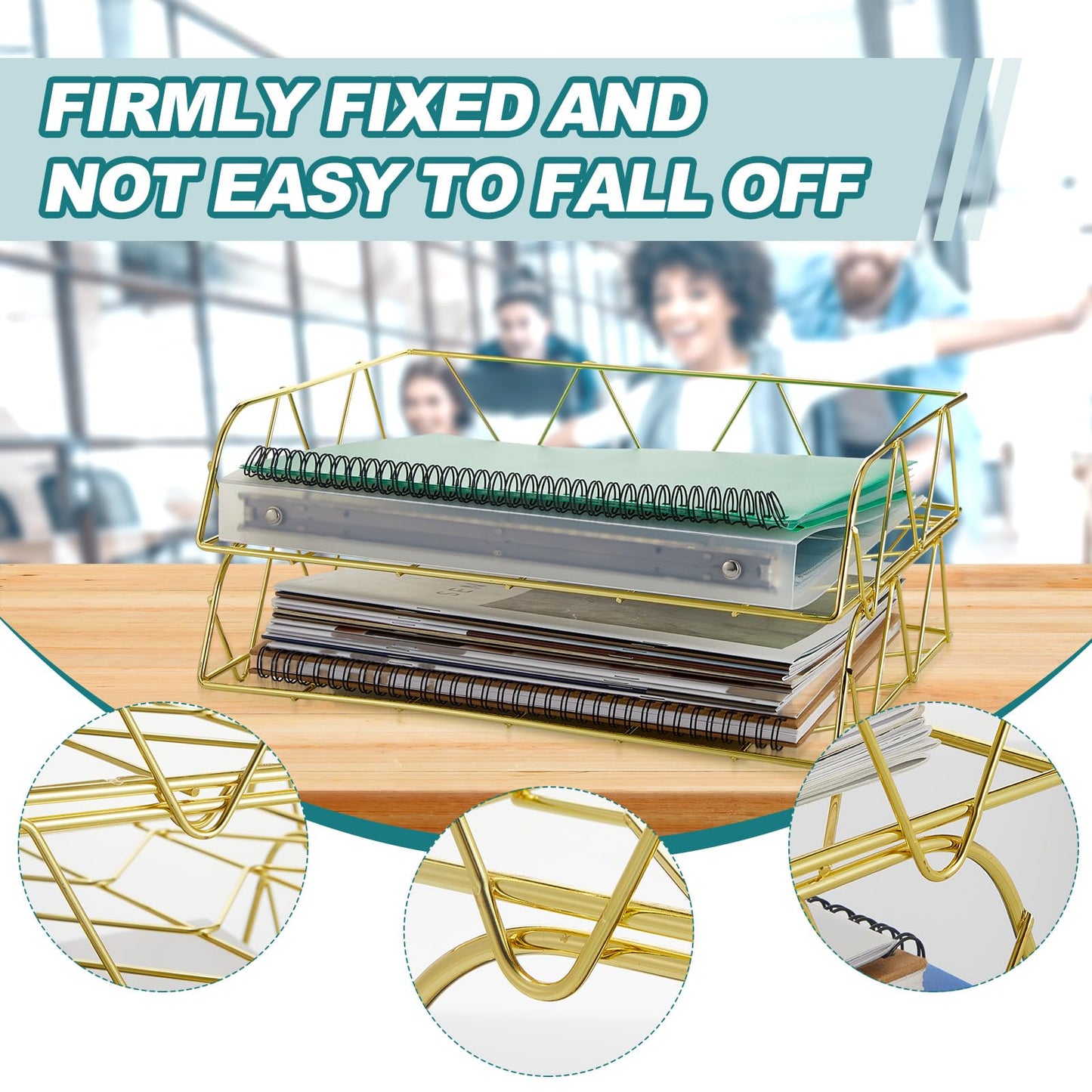 Yeaqee 4 Tier Stackable Gold Desk Organizer Paper Tray Rack Metal Letter Desk File Organizer Horizontal Holder File Trays for Office Desktop Supplies and Accessories