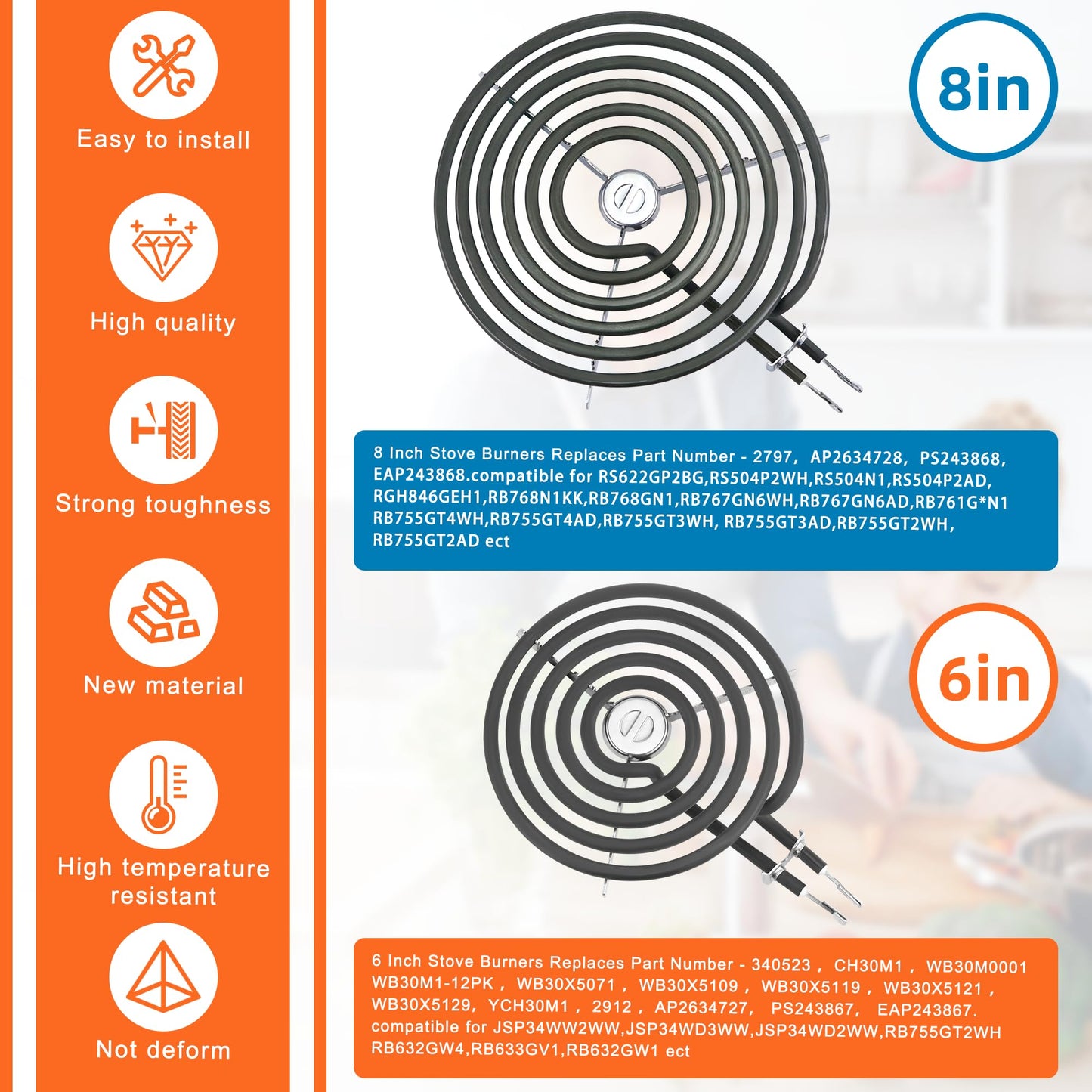 WB30M1 WB30M2 Electric Stove Burner Replacement 4Packs,Includes 2 WB30M1 (6") and 2 WB30M2 (8")-By MIFLUS,Compatible for G-E Hot-point Ken-more Range Stove Electric Burner