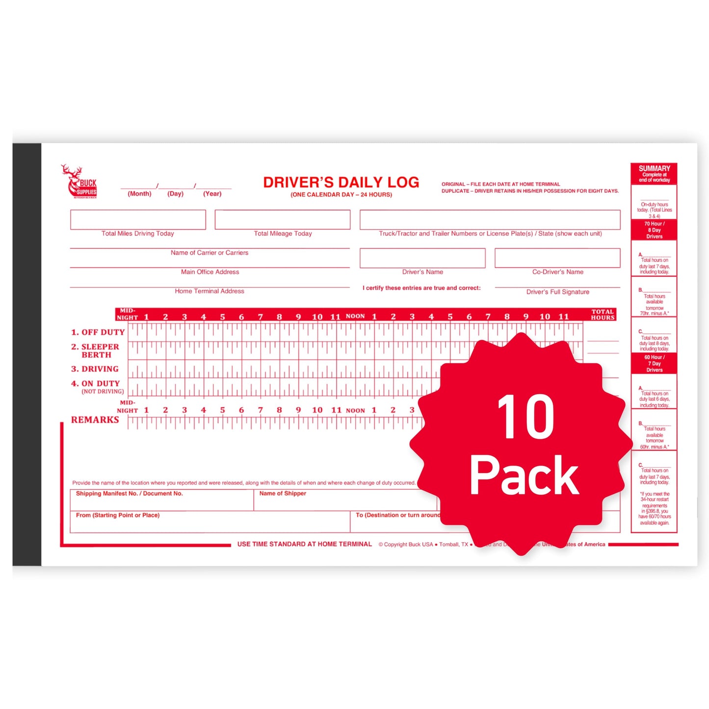 10 Pack Driver Daily Log Books for Truck Drivers with 7 & 8 Day Recap - 35 Sets of Forms Per Log Book, 2-Ply Carbonless, 5.5" x 8.5", DOT Log Book for Truck Drivers, FMCSA Compliant, Easy Tear-Out