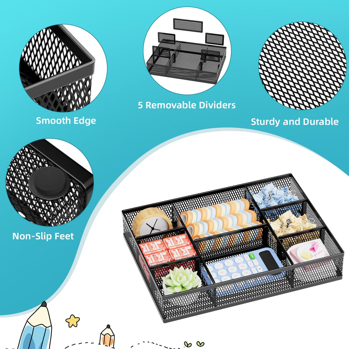 Marbrasse 2 Pack Desk Drawer Organizer, Mesh Drawer Organizer Tray with 8 Adjustable Compartments, Desk Organizers and Accessories, 5 Dividers Drawer for Office Supplies, Makeup & Vanity (Black-2P)