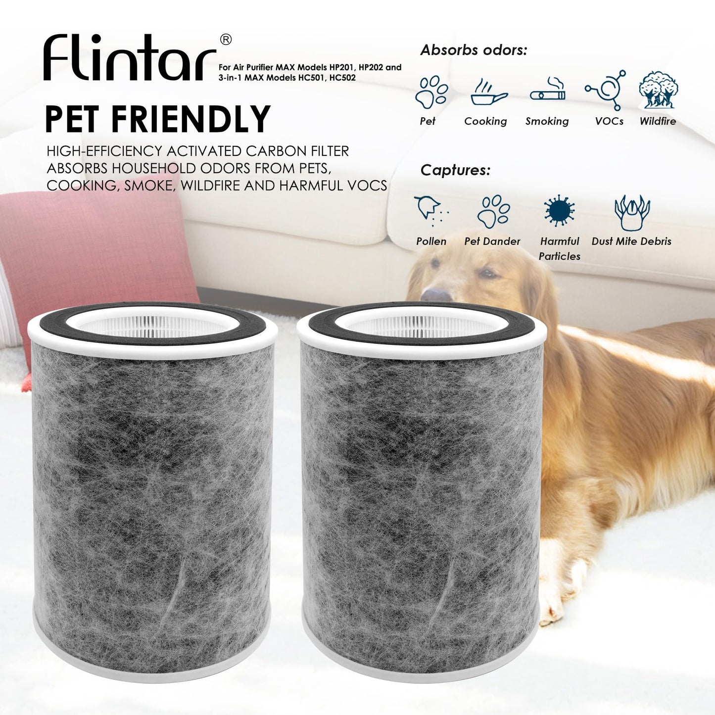 Flintar HP202 Replacement Filter, Compatible with Shark Air Purifier Max Model HP201, HP202, UA205, AP1000, HC501, HC502, Compares to Part # HE2FKBAS and HE2FKBASMB, 2-Pack