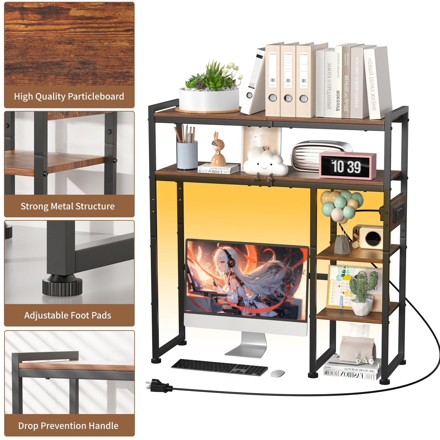Aetheris Desktop Organizer Shelf, 30" Wooden Office Storage Rack with Outlets, Display Shelf Rack with Light Strip, 5 Tier Desktop Display Rac, Desk Shelf, Desk Hutch for Computer Monitor, Brown