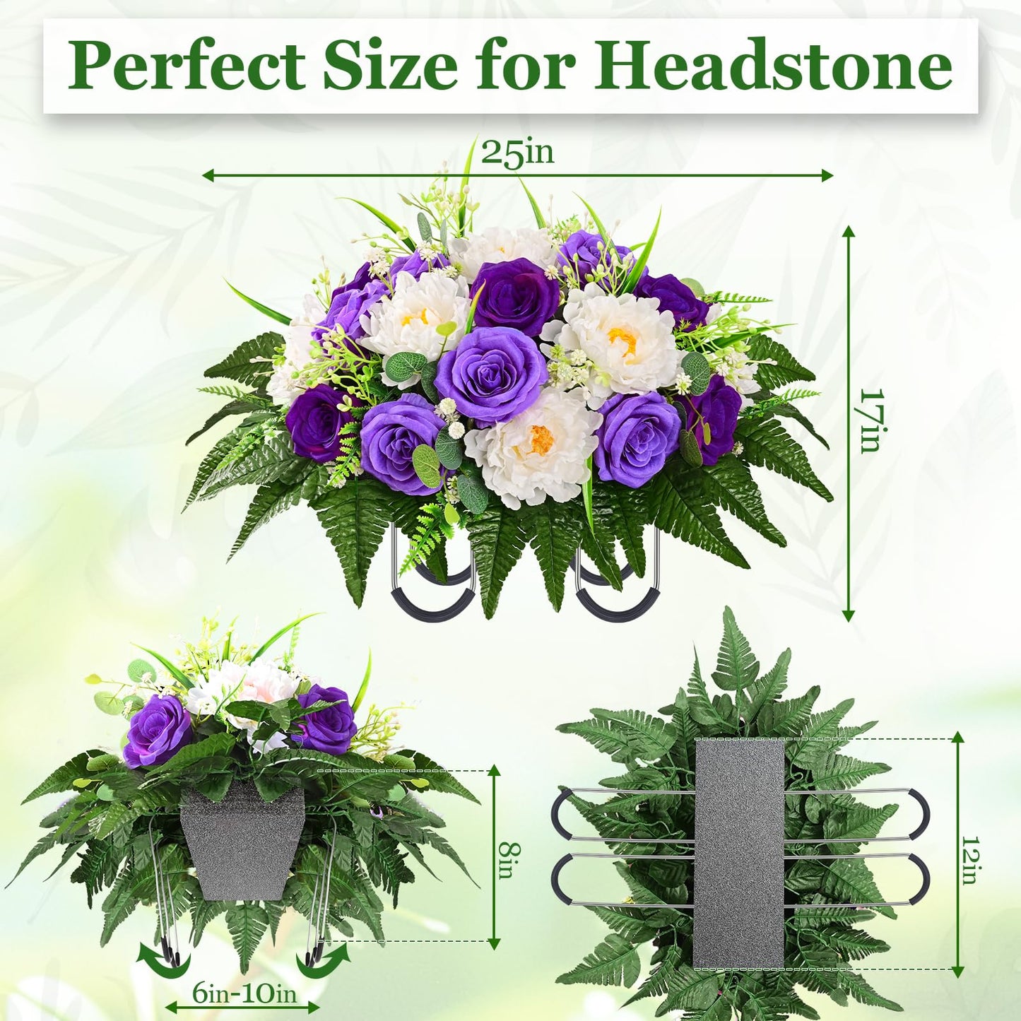 Yastouay Headstone Flower Saddle, Artificial Cemetery Flowers for Grave, Realistic Memorial Day Flowers with Peony Rose, UV Resistant Grave Decorations for Cemetery, Easter Mother’s Day (Purple)