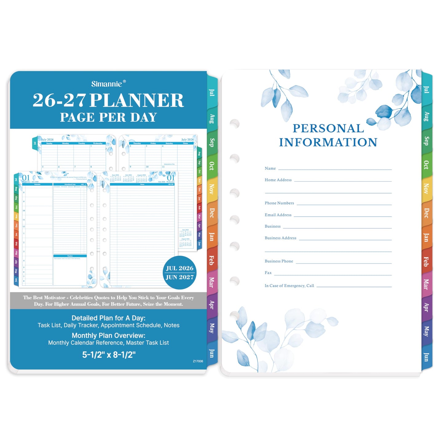 2026-2027 Planner Refills – July 2026 - June 2027, Daily Planner Refills 2026-2027, Two Pages Per Day Daily & Monthly Planner Inserts, 8.38" x 5.51", Ring-Bound with Tabs
