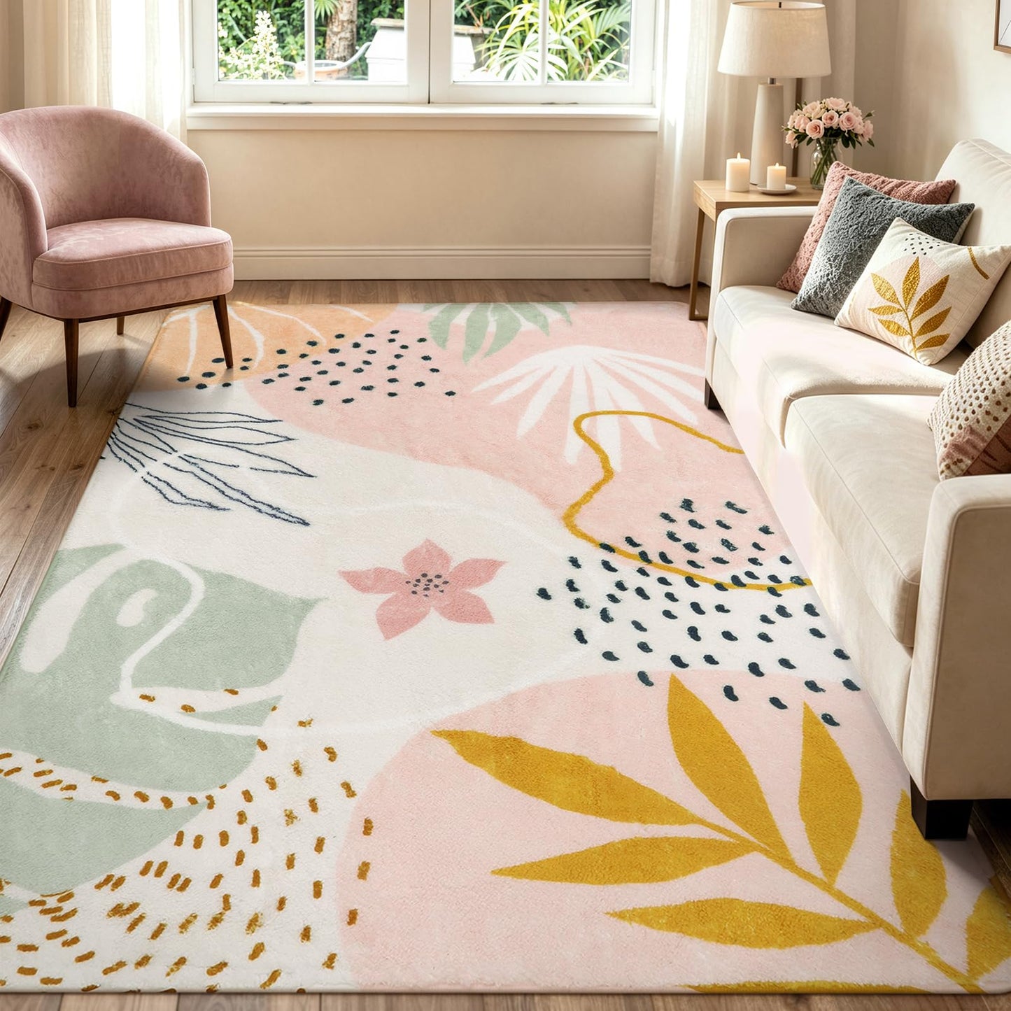 Lahome Pink Boho Bedroom Rug 5x7, Washable Non Slip Soft Botanical Area Rug for Cozy Nursery Living Room Apartment Decor