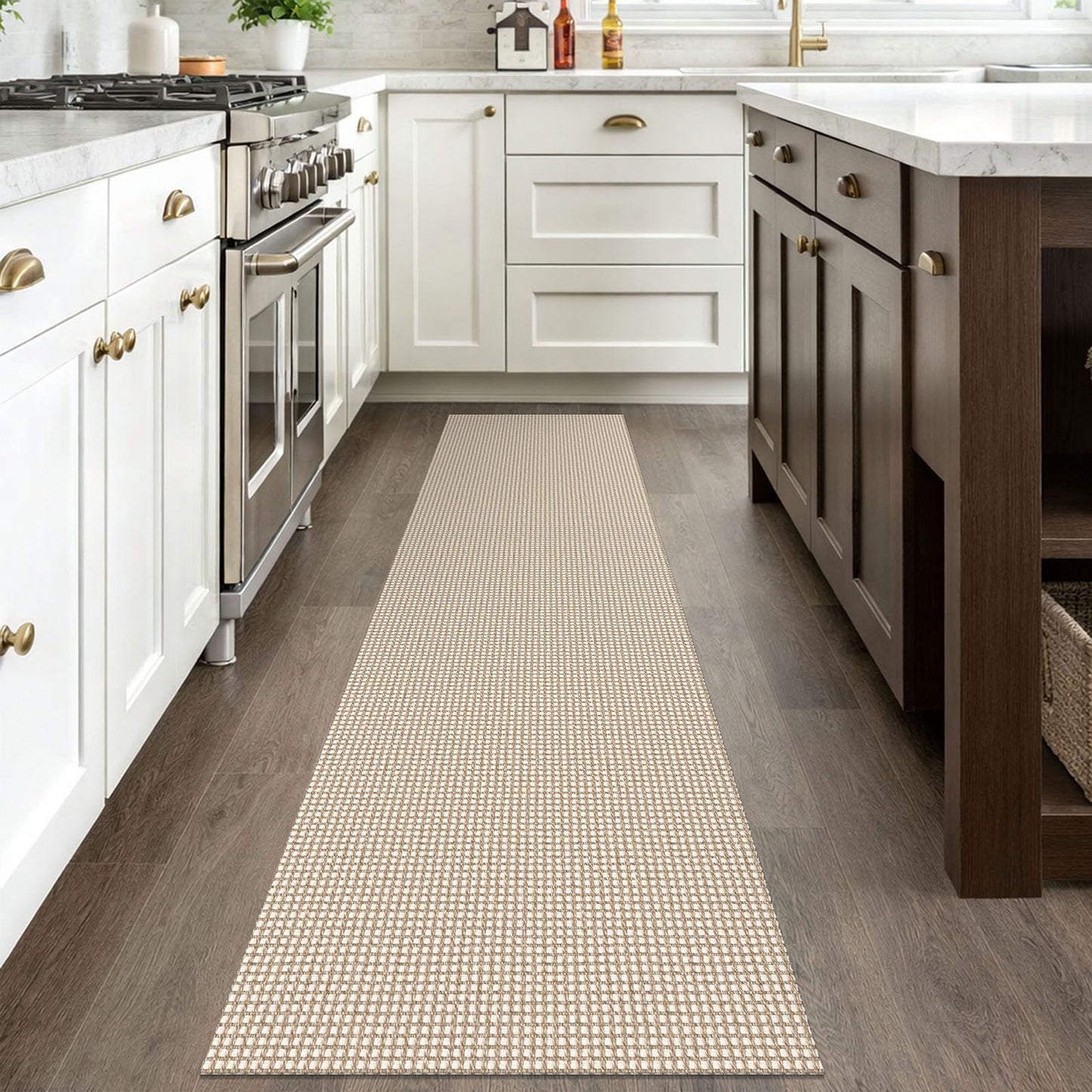 IOHOUZE Washable Runner Rug 2x8 Non Slip Rubber Backed Hallway Runner Entryway Runner Indoor, Kitchen Rugs Woven Cotton Floor Carpet for Kitchen Hall Entrance Bedroom, Beige/Khaki