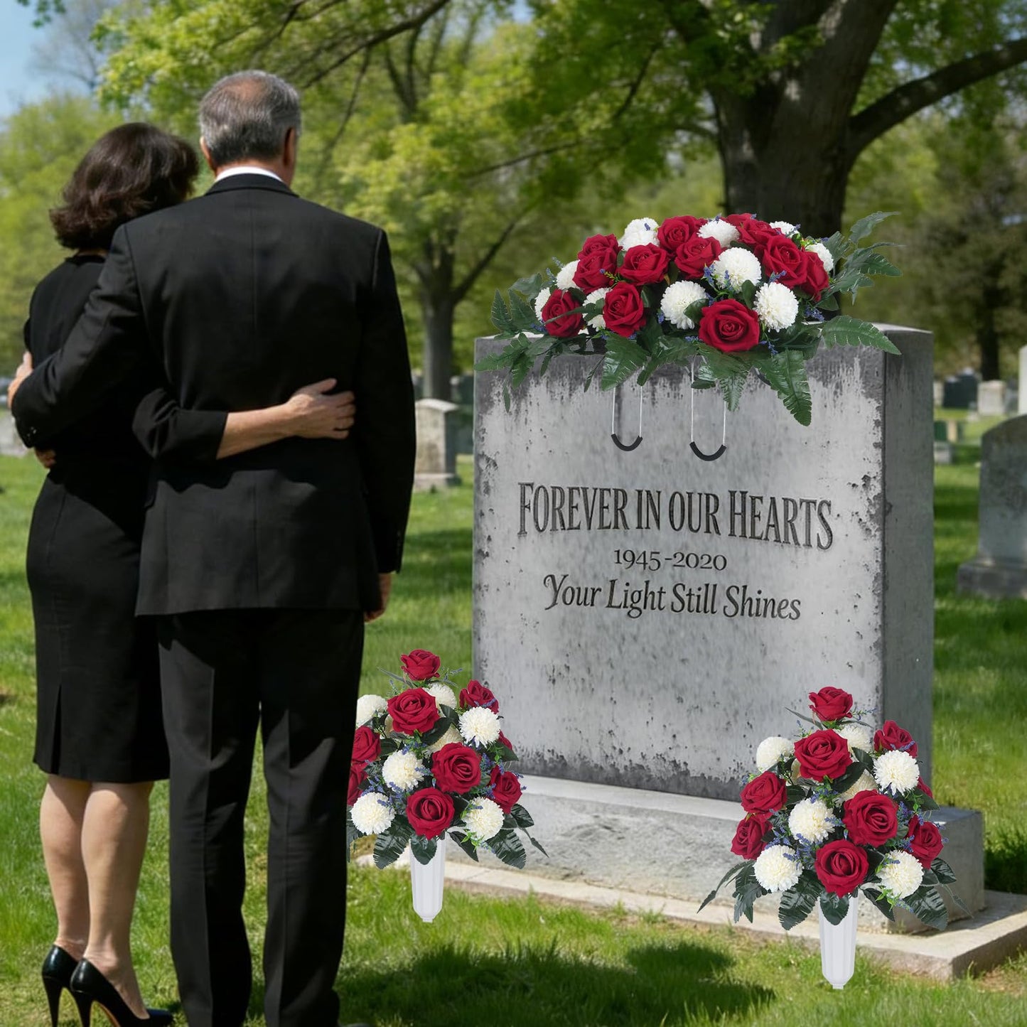 Luabue Artificial Cemetery Flower Headstone Flower Saddle 2 Chrysanthemum Rose Bouquets with Vase Memorial Flowers Grave Saddles for Headstone Outdoor Grave Tombstone Decor (Red White)