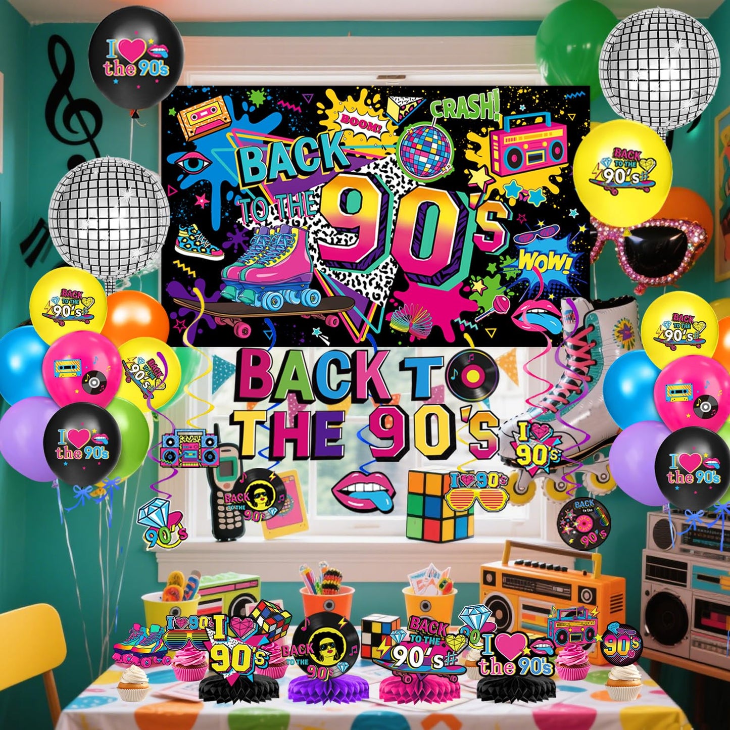 90s Party Decorations Includes 90's Backdrop, Foil & Latex Balloons, Cake & Cupcake Toppers, Honeycomb Centerpieces Banner, Hanging Swirls for 80s 90s Party Decorations