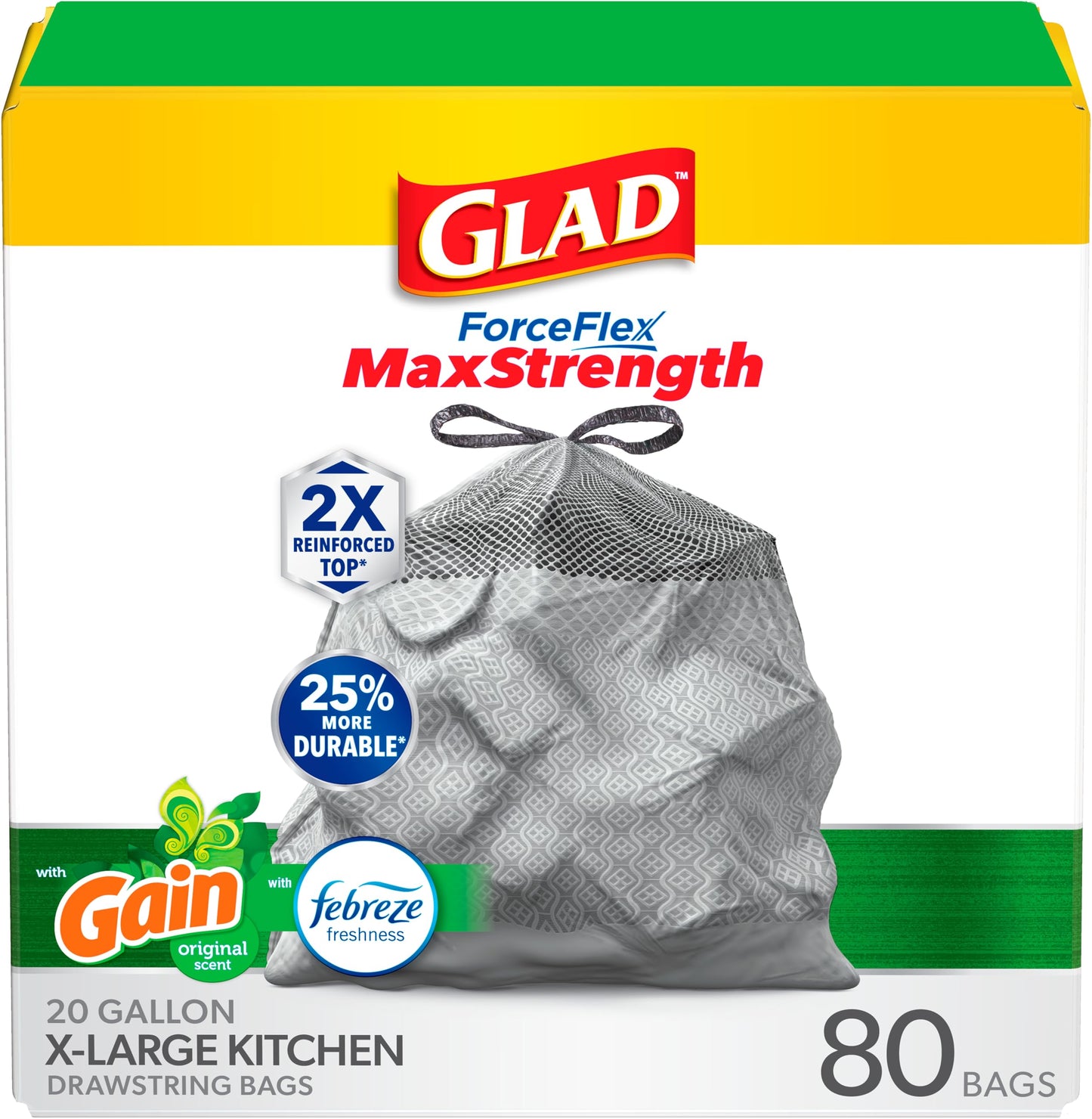 Glad ForceFlex MaxStrength Drawstring XL Kitchen Trash Bags, 20 Gal, Gain, 80 Ct (Package May Vary)