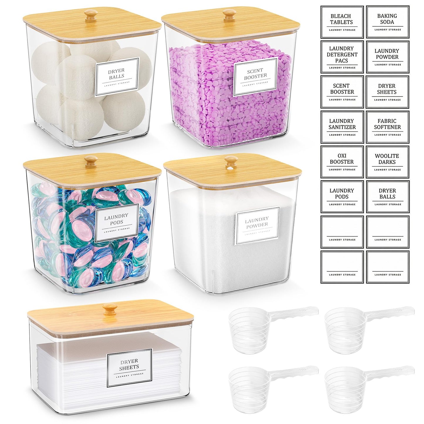 4+1 Pack Laundry Room Organization Containers,Clear Laundry Pods Container,Large Laundry Detergent Powder Storage Containers with Wooden Lids & Labels,Laundry Pods Holder for Scent Booster,Powder,Pods