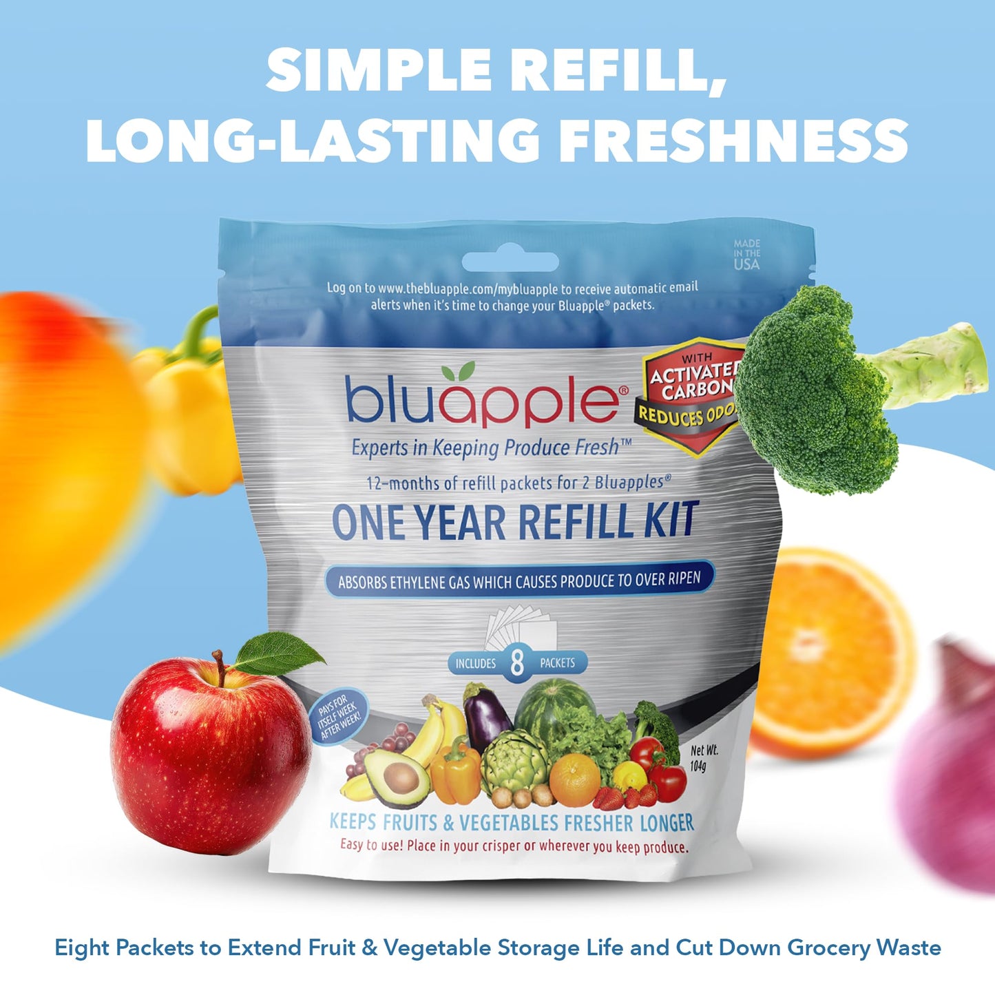 Bluapple Produce Saver Ethylene Gas Absorber with Activated Carbon, 1 Year Supply, Keeps Fresh Fruits & Vegetables Longer - Produce Saver for Kitchen - 8-Packets, 13g Total (Active Formula + Carbon)