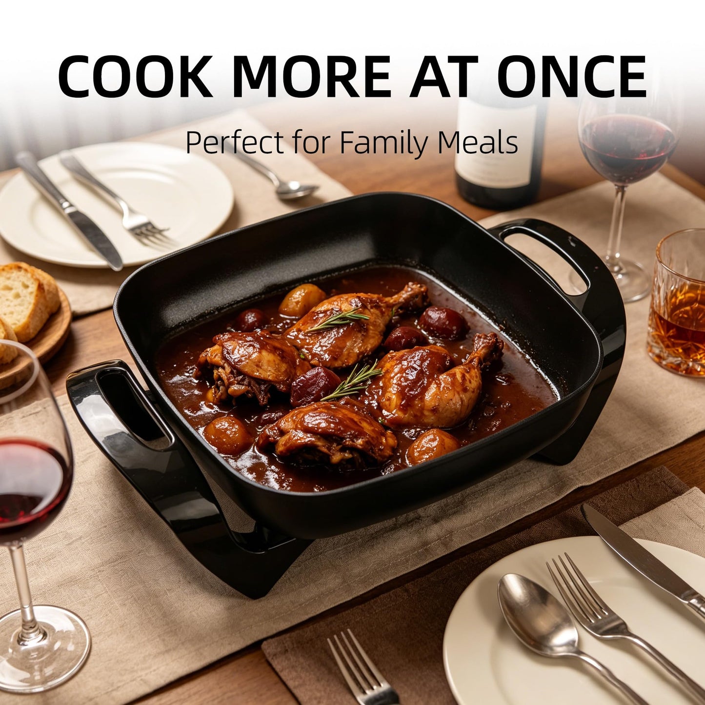 I-Keukenn 12" Ceramic Nonstick Electric Skillet with Tempered Vented Glass Lid, Scratch-Resistant Surface, Cool-Touch Handles, Removable Easy-to-Clean Design, 1200W, Sleek Black