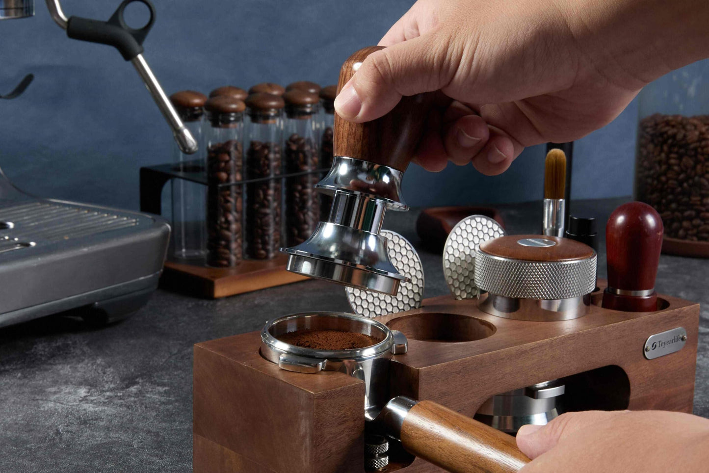 Teyearlife 53.3mm Calibrated Espresso Tamper for Breville 54mm Portafilter, 30lb Spring Loaded Auto-Leveling Tool with Ripple Base & Walnut Handle to Prevent Channeling