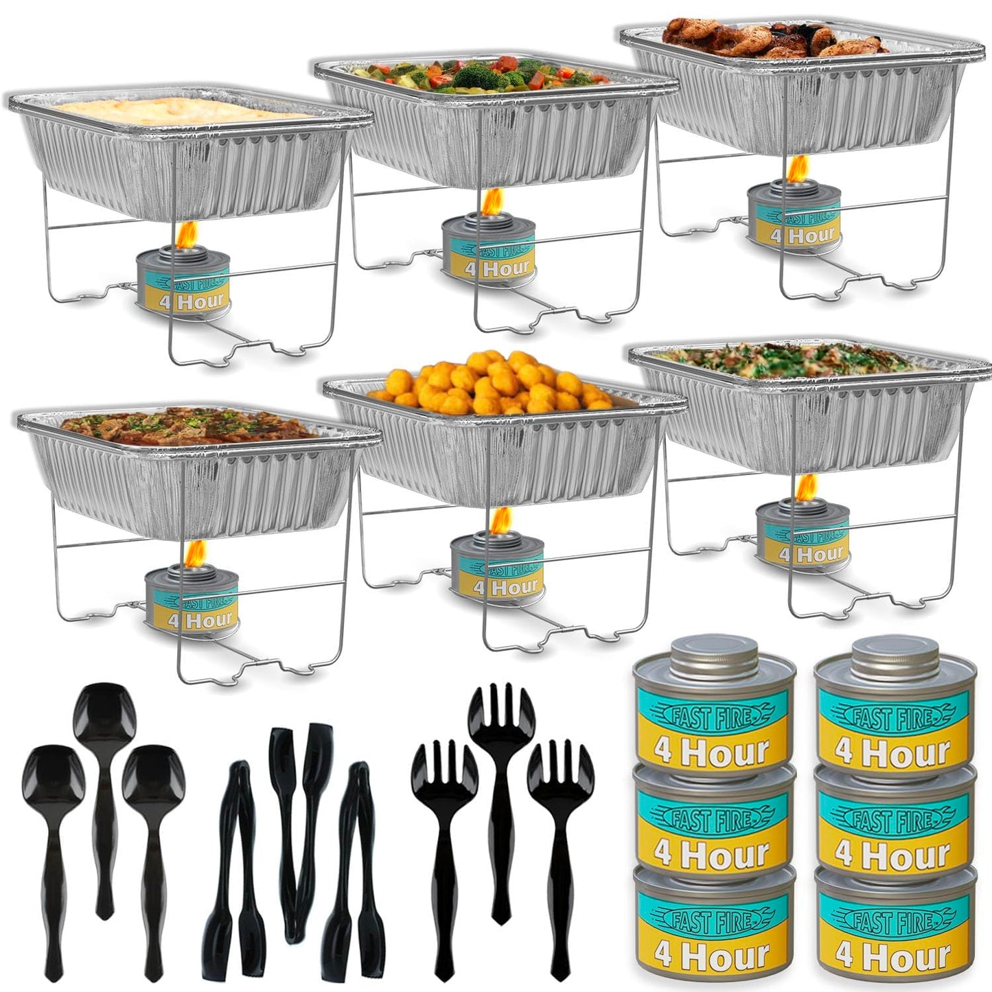 Disposable Chafing Dish Buffet Set – 6 Pack Half Size (Standard 10 3/8" x 12 3/4"), Patented Foldable Wire Racks, 4-Hour Fuel Cans, Aluminum Food & Water Pans, Serving Utensils, Reusable or Disposable