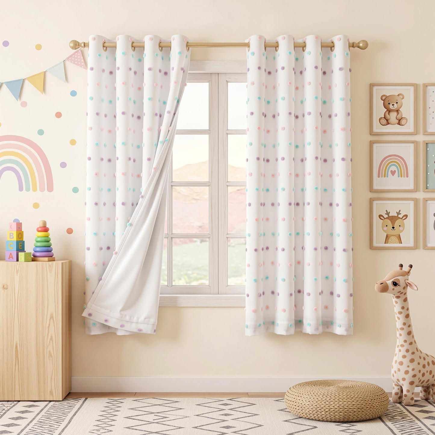 MEETSKY Kids Blackout Curtains for Girls Bedroom 63 Inches Nursery Curtains with Rainbow Pom Pom Sheer Room Darkening Window Drapes for Living Room Grommet Set of 2, 52" W x 63" L