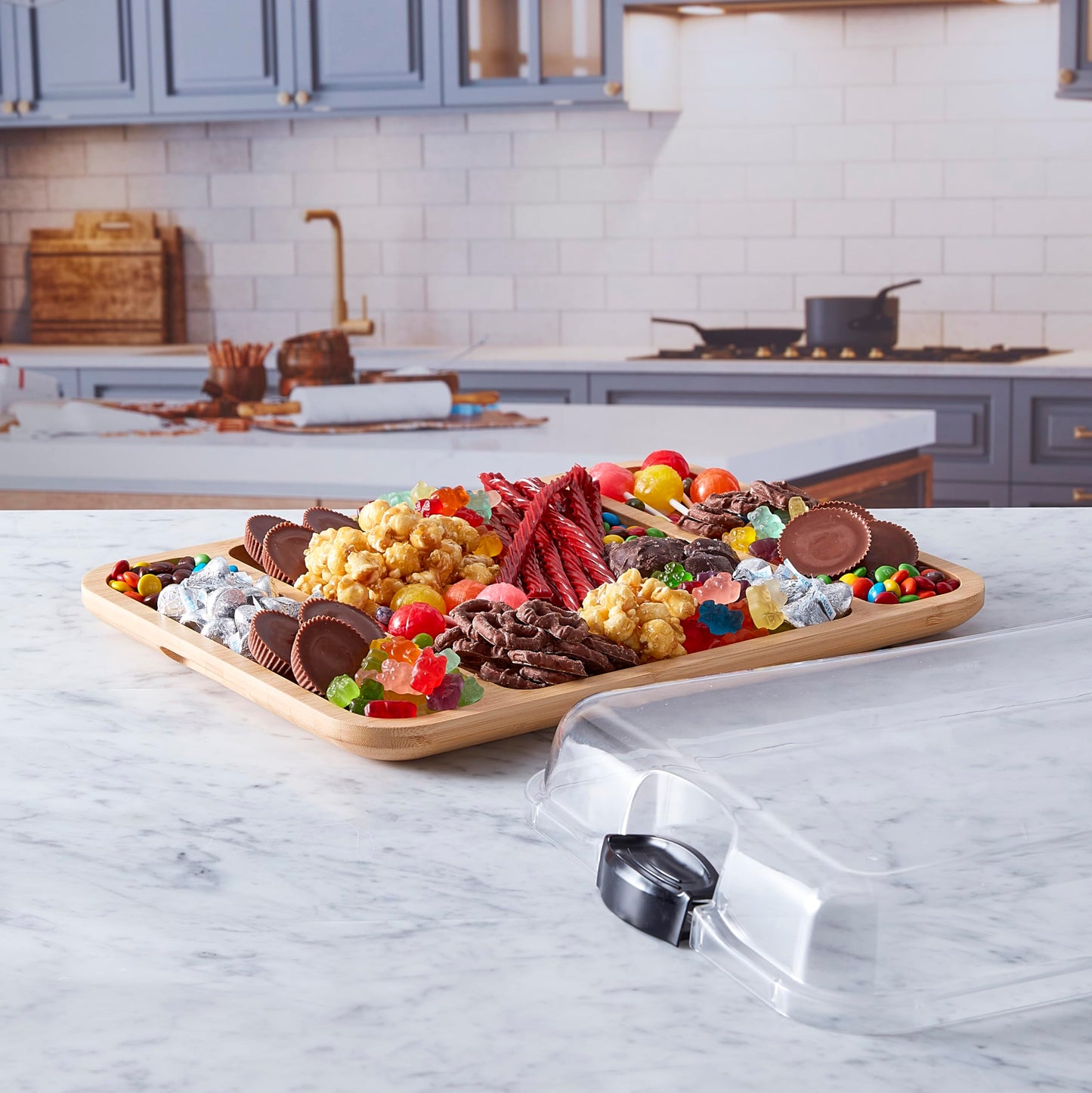 FARBERWARE Build-a-Board Cutting Board with Three Compartments and Clear Locking Lid for Charcuterie, Snacks, and More, Bamboo