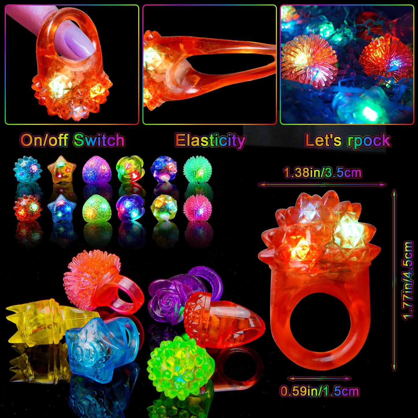 OLUPP Party Favors 100 Pcs Light Up Rings, Glow In The Dark Party Supplies, 6 Style Flashing Glow In The Dark Rings for Adults & Kids, LED Ring for Birthday, Concert, Raves, Halloween, Christmas
