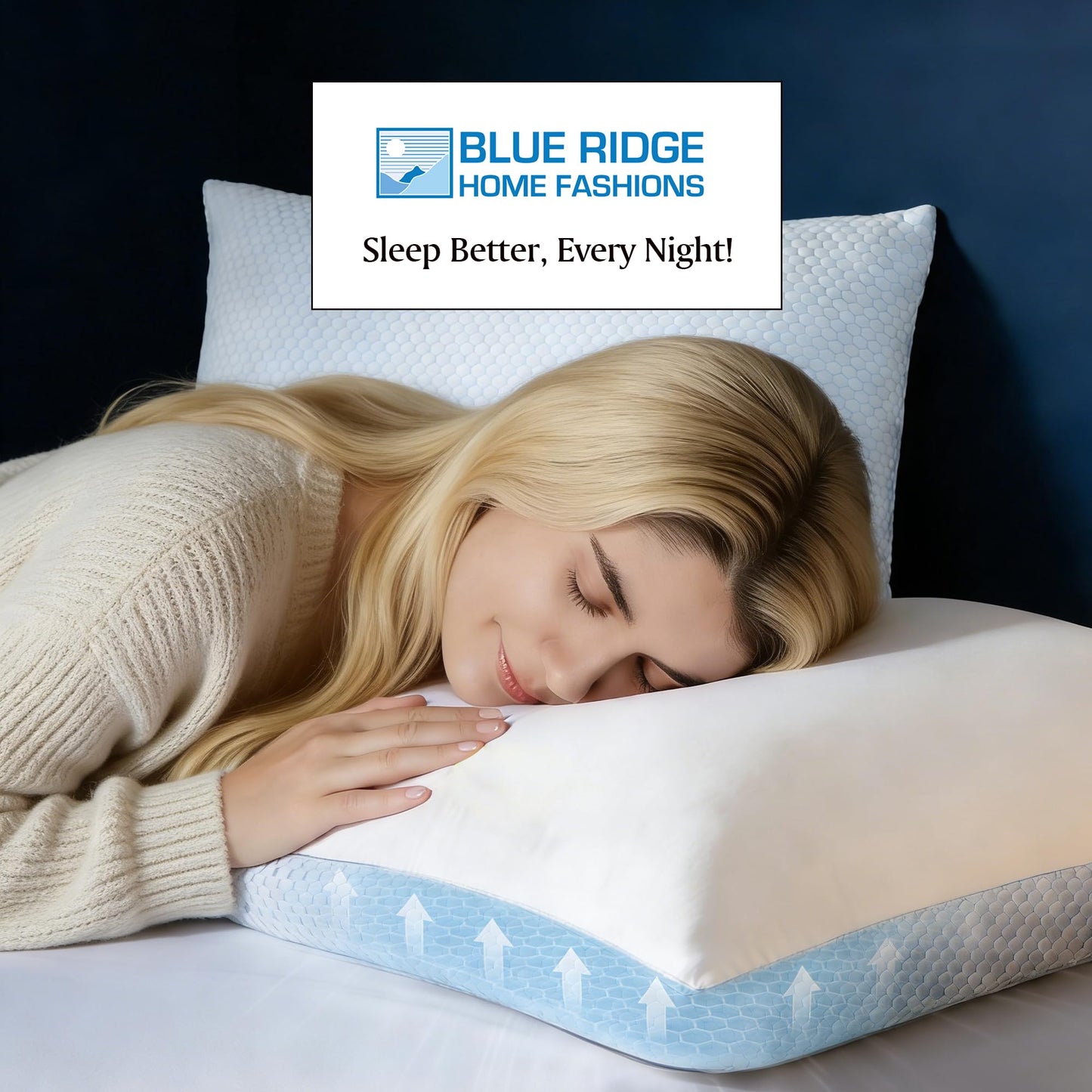 Blue Ridge Home Fashions Cooling Pillows Queen Size Set of 2, Dual-Sided Cooling & Breathable Cotton Design, Down Alternative Pillows for Hot Sleepers, Soft Support for Side, Back & Stomach Sleeping