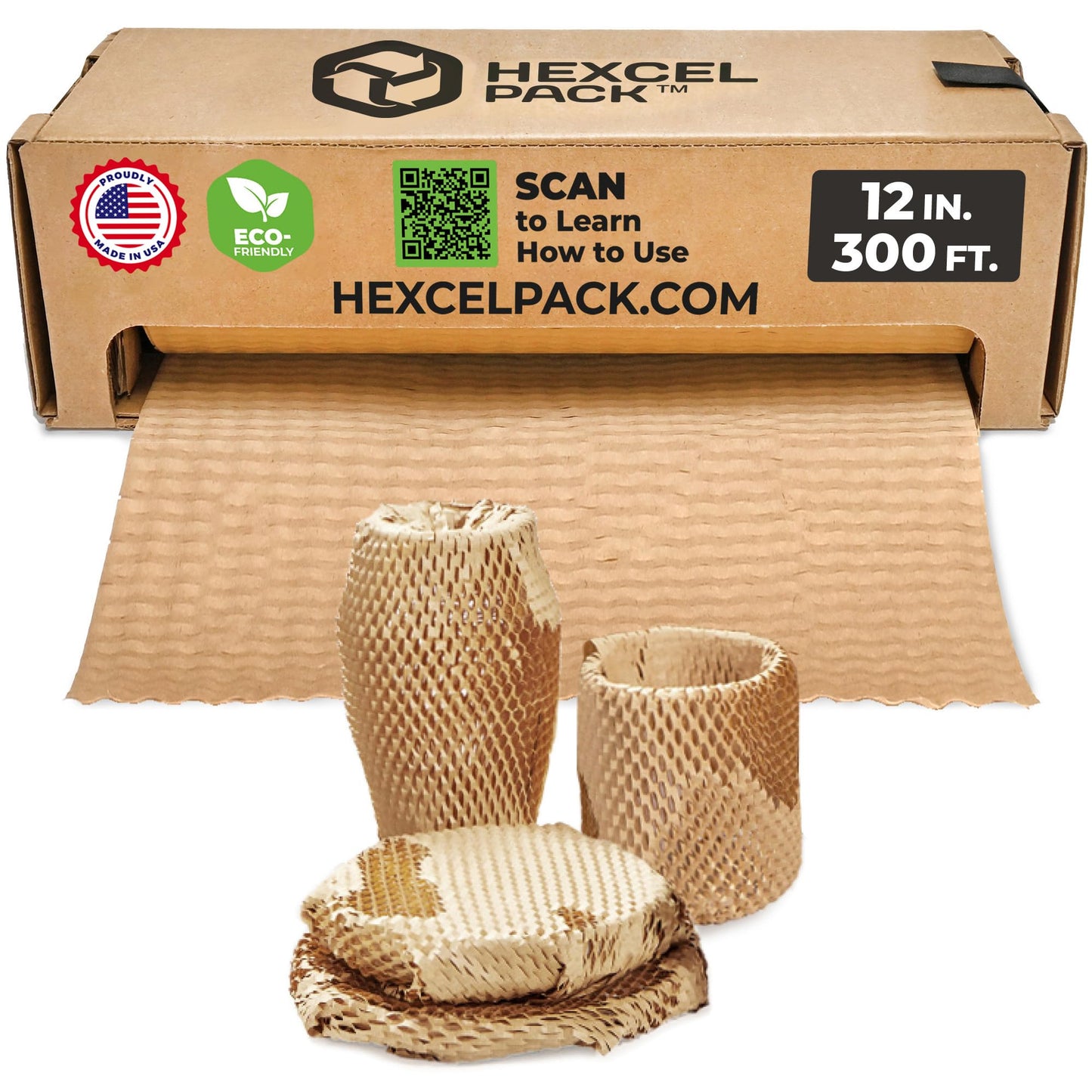 HexcelPack HexcelWrap Mini - Honeycomb Packing Paper, Eco-Friendly, Sustainable Paper Bubble Wrap for Shipping & Moving, Cushioned Packing Material in Easy Self-Dispenser Box - Natural, 12" x 300'