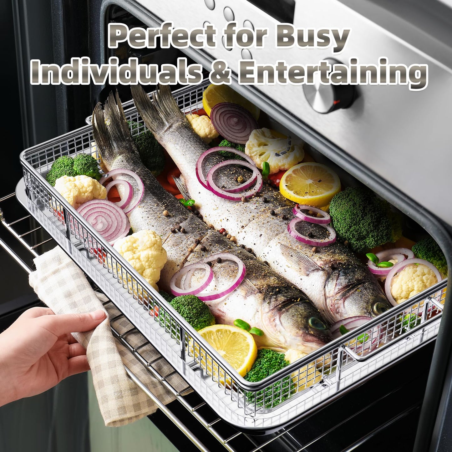 Air Fryer Basket for Oven, 25% Thicker, OPENICE 2 Set Oven Air Fryer Basket and Tray with Magnetic Cheat Sheet, Stainless Steel Air Fryer Pans and Crisper Tray for Convention