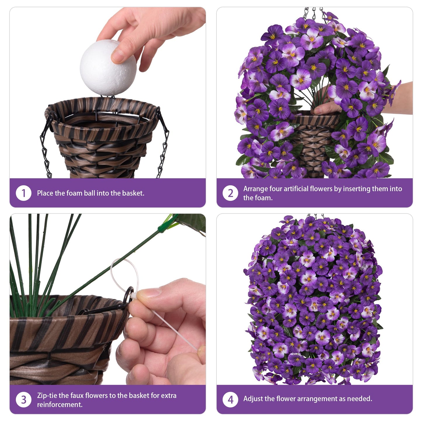 HyeFlora 4pcs Artificial Flowers for Outdoors Fake Pansy with Hanging Basket UV Resistant Silk Spring Faux Flowers for Outside Front Door Porch Yard (Mix Purple)