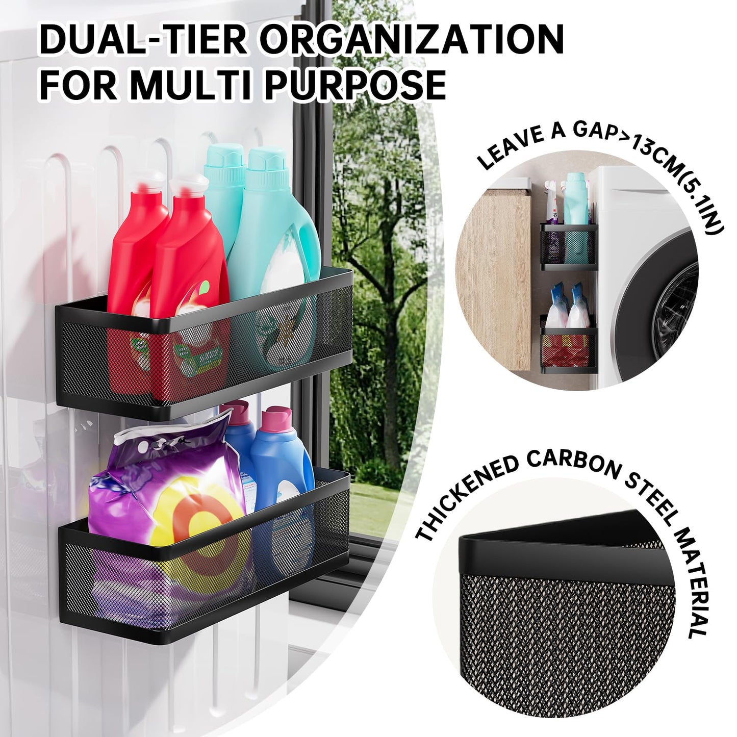 WOCUBEHOME 2-Pack Laundry Room Organization, Magnetic Shelves with Tall Guardrails to Prevent Falling - Strong Magnet Organizer for Washing Machine, Refrigerator, Kitchen & Pantry