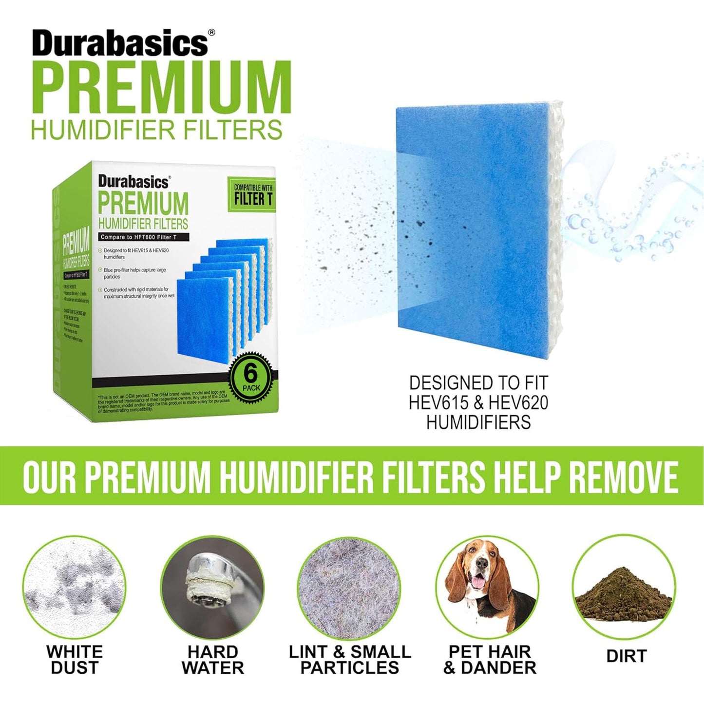 Durabasics Filter Replacements for Honeywell Filter humidifier Filter T, 6 Pack, Compatible with HFT600 Honeywell Humidifier Filter, HEV615 & HEV620, Filter HFT600 & Filter T