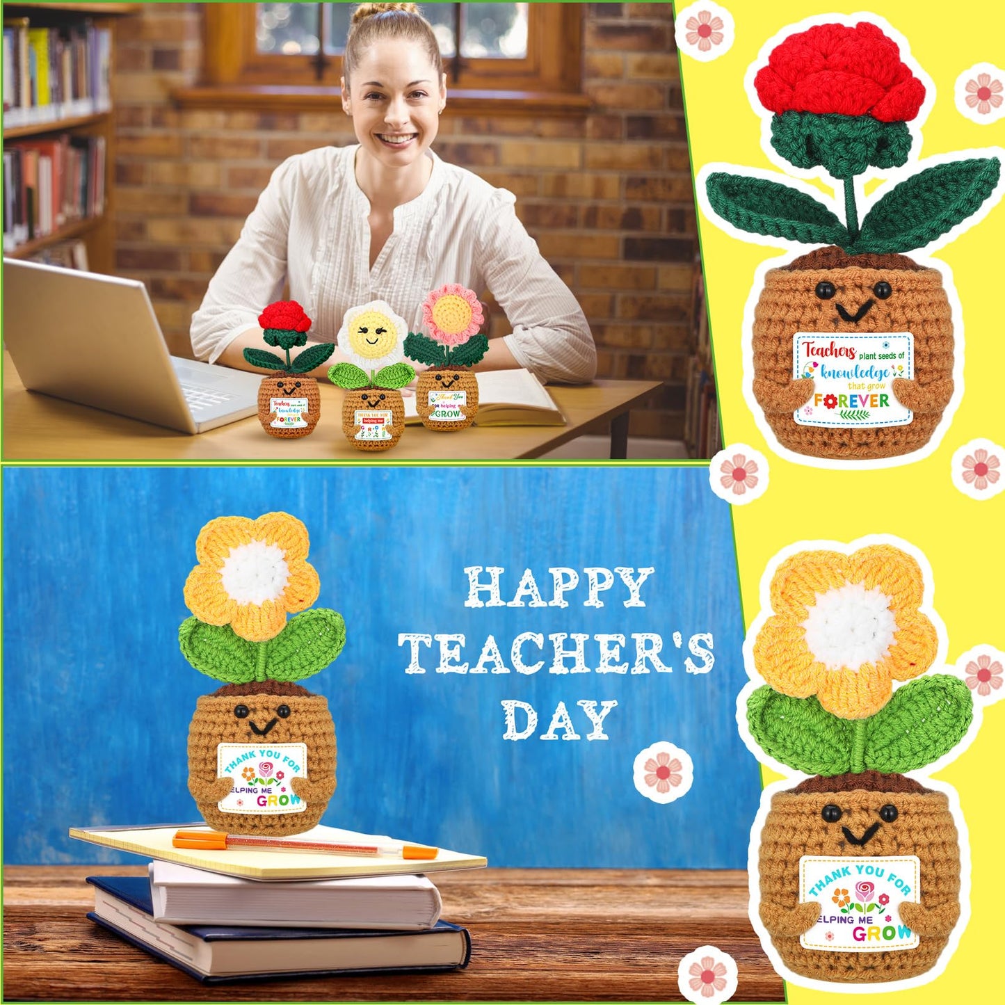 Wavwavw 6 Pcs Teacher Appreciation Gift in Bulk Thank You for Helping Me Grow Teacher Thank You Gift Sunflower Crochet Doll with Card for Graduation Birthday from Students