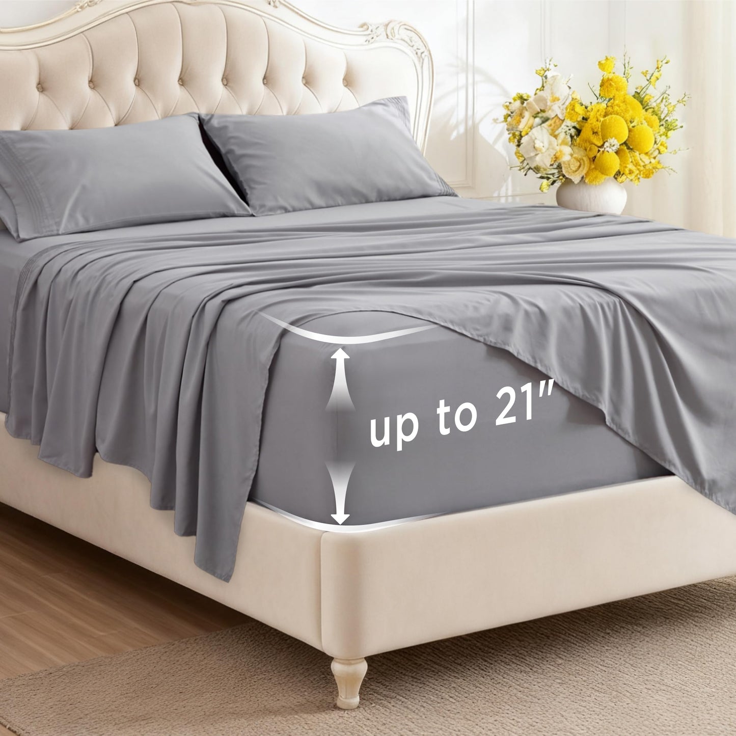 Bedsure Deep Pocket King Sheet Set - Fits Mattresses Up to 21 Inches Thick - 4 Piece GentleSoft Bed Sheets, Moisture Wicking, Soft & Cooling Bedsheet & Pillowcases, Easy & Secure Fit, Light Grey