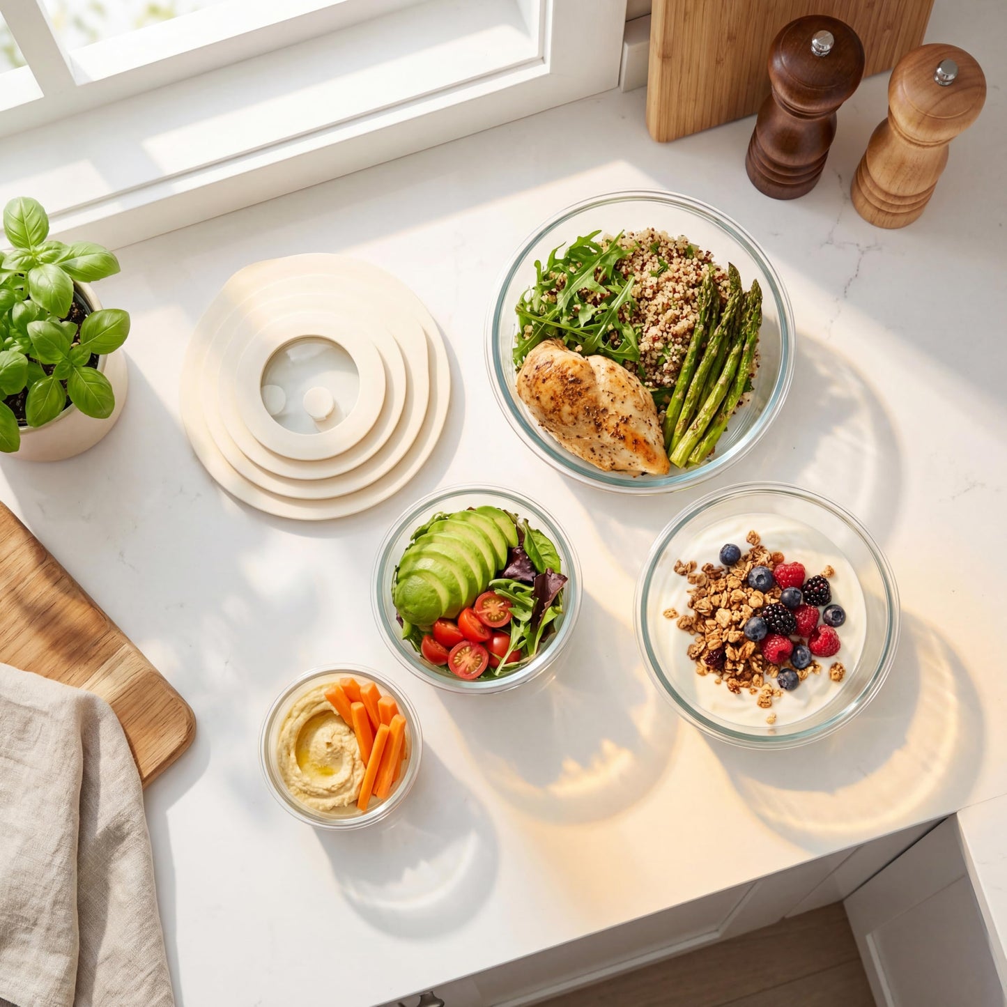 Urban Green Glass Food Container Set with Glass Lid, 4 Pack, Meal Prep Containers with Silicone Framed Airtight Lid, Leakproof, 100% Plastic Free,