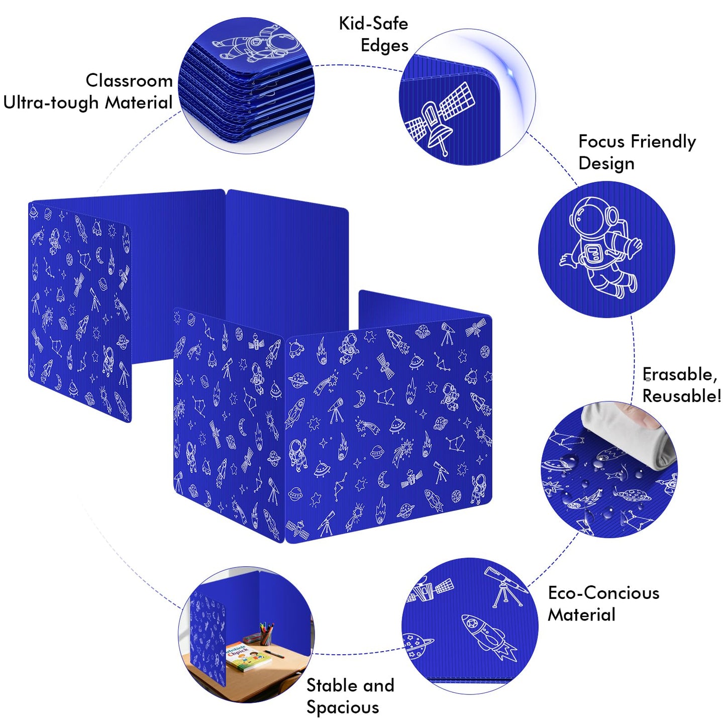 Blue 24-Pack Desk Dividers for Students, Space Style Plastic Study Carrel Divider, Durable Testing Dividers for Classroom Teacher Supplies, Easy to Clean Privacy Shield Folder Boards for Student Desk