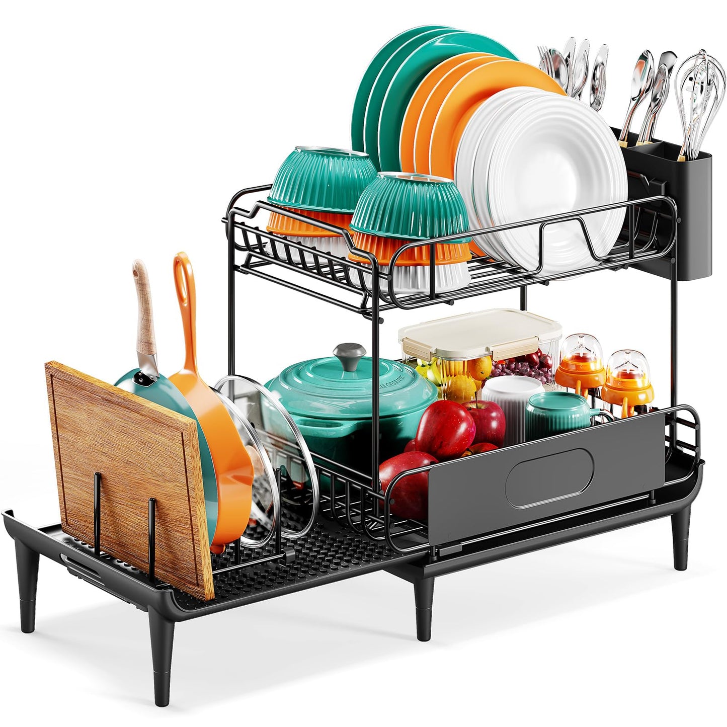 Urackify Dish Drying Rack for Kitchen Counter, Expandable 2 Tier Dish Rack, Large Capacity Dish Drainer with Drainboard Multifunctional Dish Strainer with Removable Cutlery Holder Black