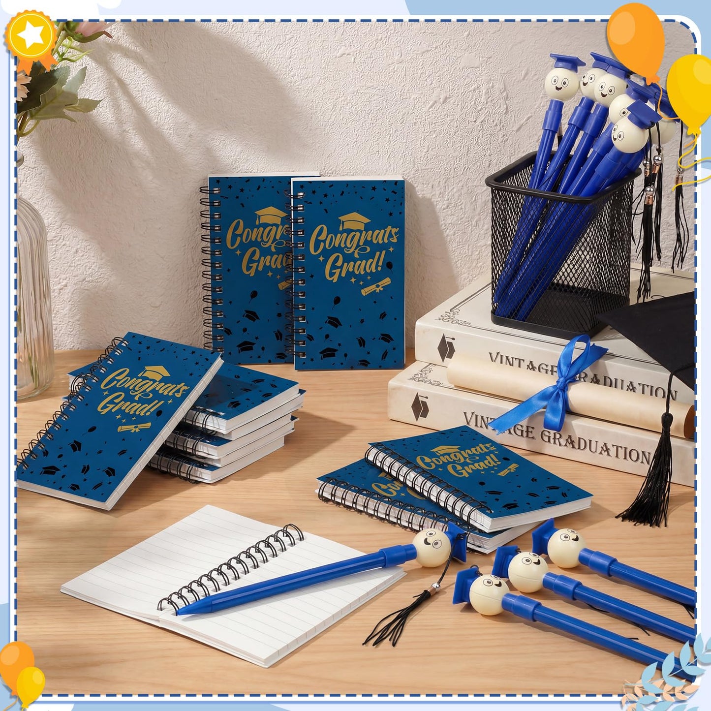 Resurhang 25 Sets Graduation Gifts Party Favors Bulk, Graduation Notebooks and Pen, Grad Cap Ballpoint Pens with Tassels Congrats Grad Spiral Journal Class of 2026 Gifts for College Graduate(Blue)