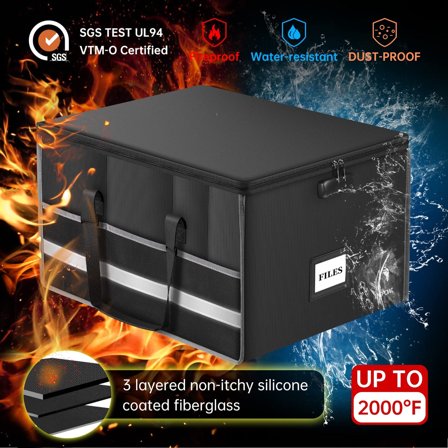 ENGPOW Fireproof Document Box with Lock, File Storage Organizer Box with Inserts ＆Mesh Pockets, Collapsible Portable Large Filing Cabinet Safe for Hanging Both Letter and Legal Folders(19"x16"x11")
