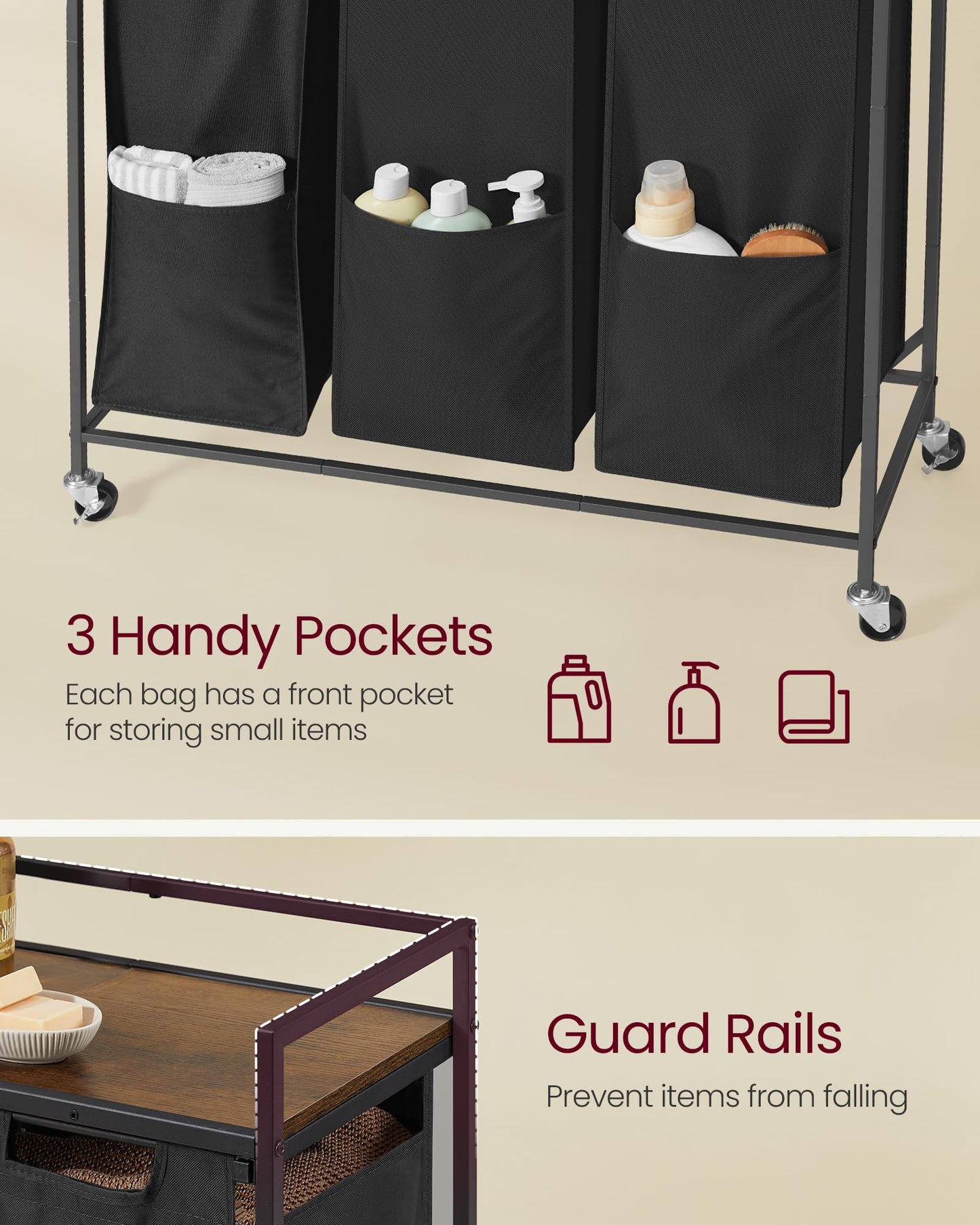 VASAGLE Laundry Sorter, 43.5 Gal. (165 L) Laundry Hamper Basket with 3 Compartments, Rolling Cart with Wheels, Shelf, Removable Bags, Pockets, Ink Black and Rustic Brown UBLH031B01