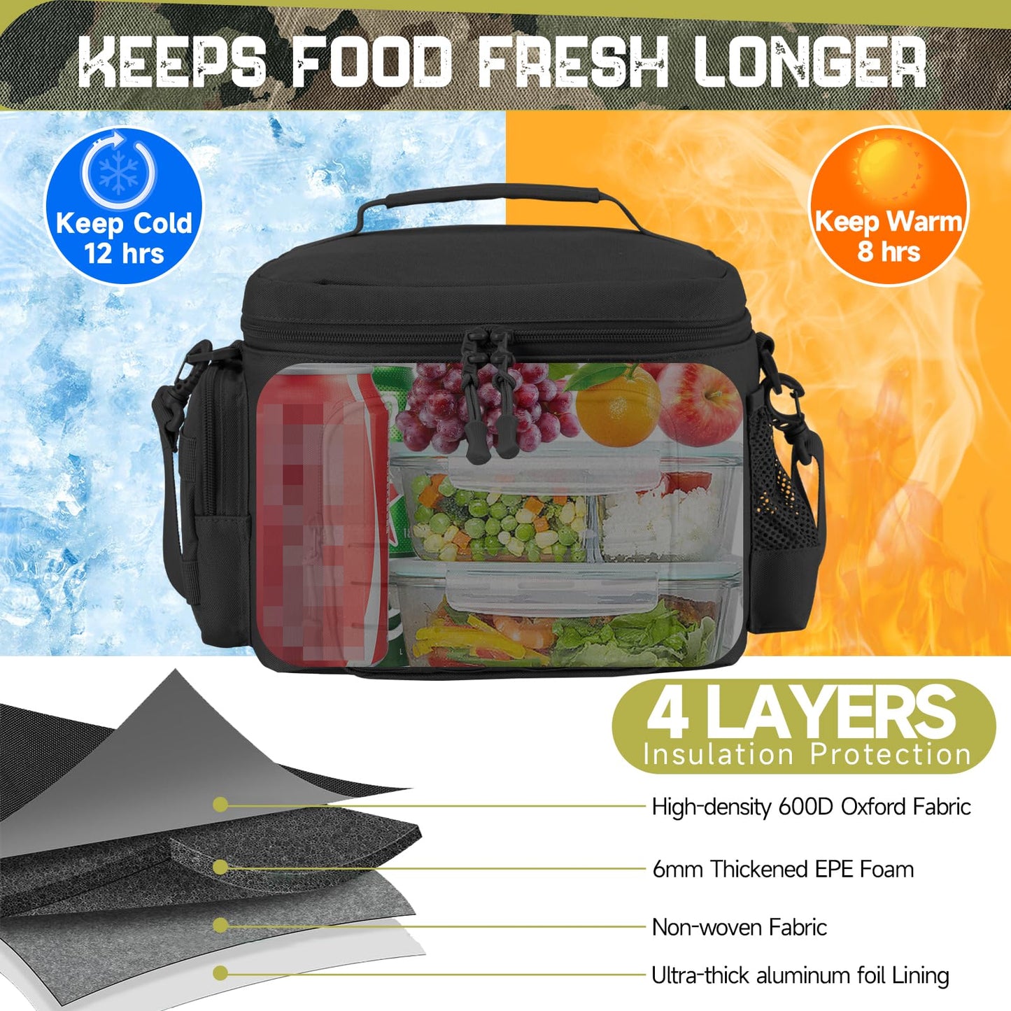 QT&QY Tactical Lunch Bag for Mens Military Heavy Duty Lunch Box Work Leakproof Insulated Durable Thermal Cooler Bag for Adult Meal for Office Camping Picnic Pail MOLLE Webbing Black