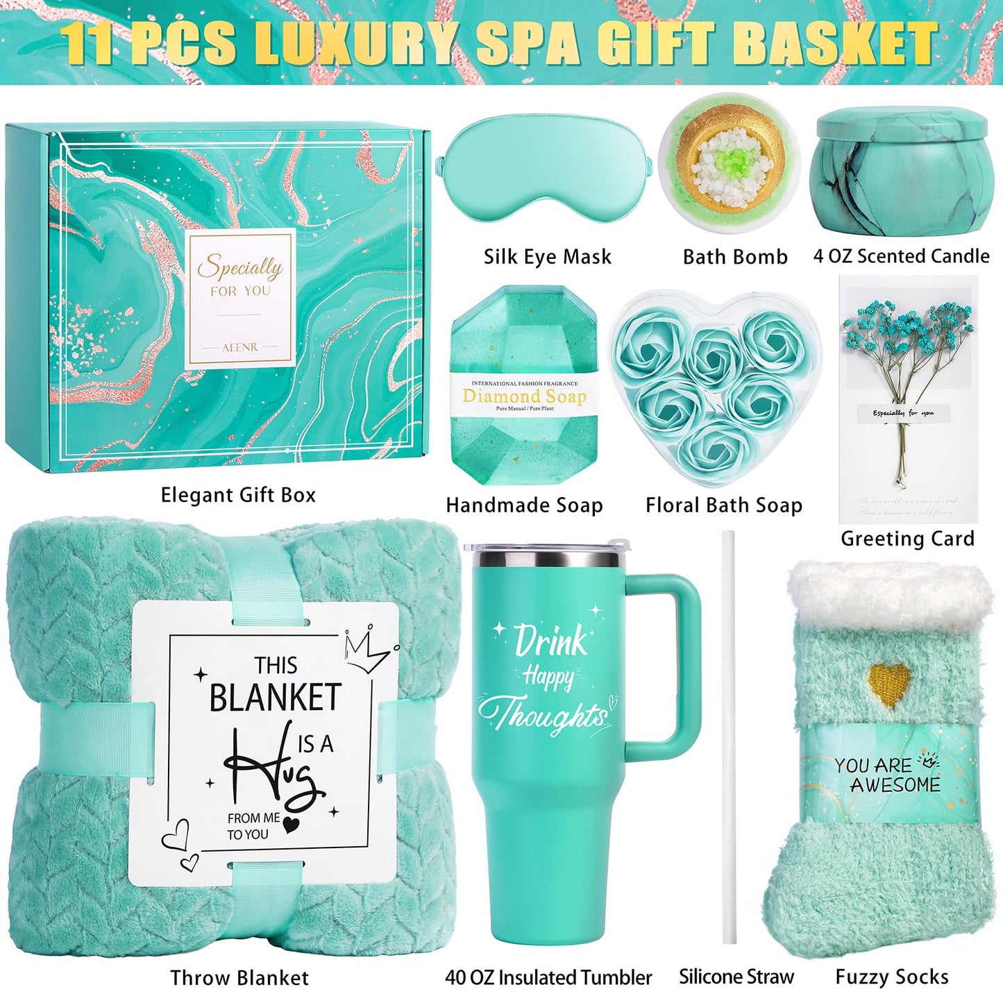 Birthday Gifts for Women, Self Care Get Well Soon Gift Baskets for Mom Her Sister Wife Girlfriend Ocean Relaxing Spa Care Package w/Blanket 40 OZ Tumbler Unique Thinking of You Inspirational Gift