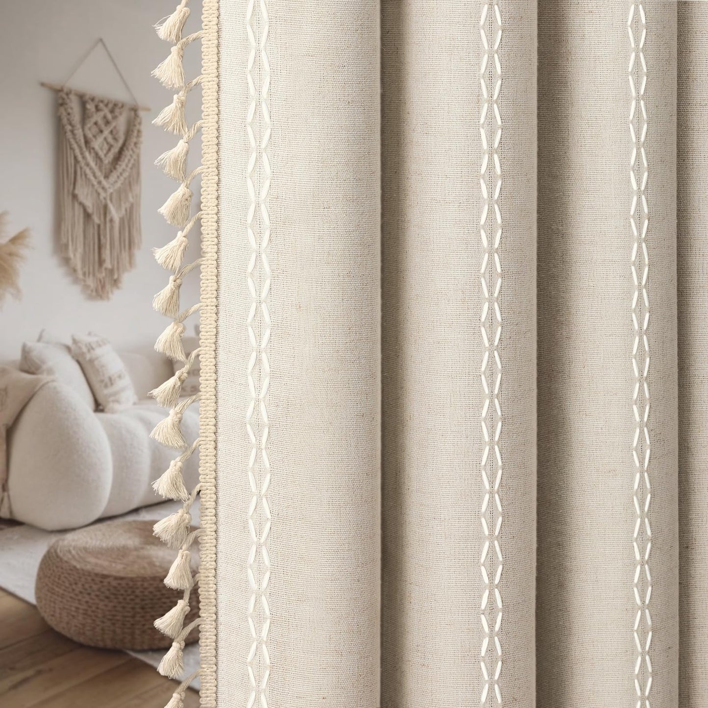 XOGUIBO Boho Blackout Curtains 63 Inches Long Beige Linen Blend 2 Panels with Tassels and Cotton Embroidery, Farmhouse Vintage Rustic Rod Pocket Drapes for Living Room or Bedroom