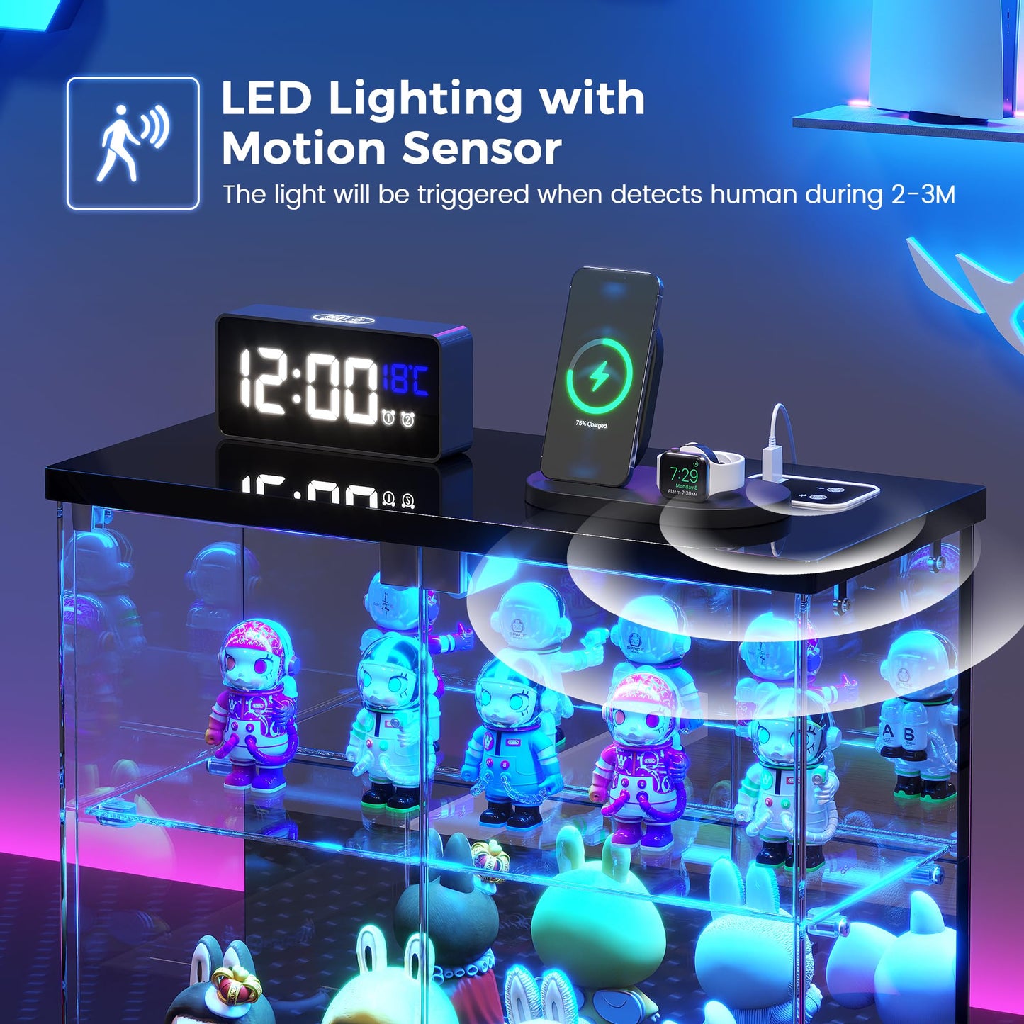 Dystler Lighted Clear Glass Display Case - for Figures & Collectibles, Small 2-Tier Display Cabinet with Charging Station, LED Display Box with Lights & Human Sensor, for Model Car, Perfume, Black
