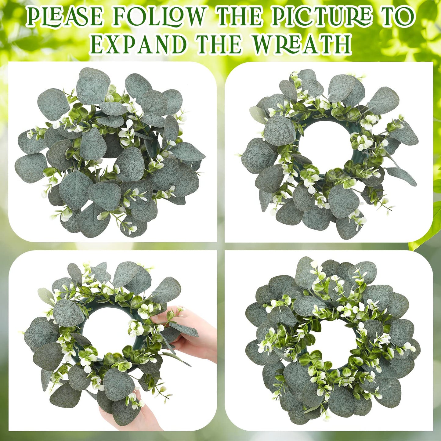Panelee 20 Pcs Candle Rings Artificial Eucalyptus Candle Wreath Rings Greenery Leaves Boho Candles Garland Pillar for Wedding(Elegant Eucalyptus Leaf)