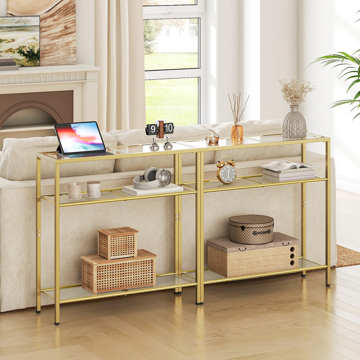 HOOBRO 29.5" Narrow Console Table, 3-Tier Tempered Glass Sofa Table, Modern Entryway Table, for Entrance, Living Room, Foyer, Hallway Bedroom, Gold GD21XG01G1