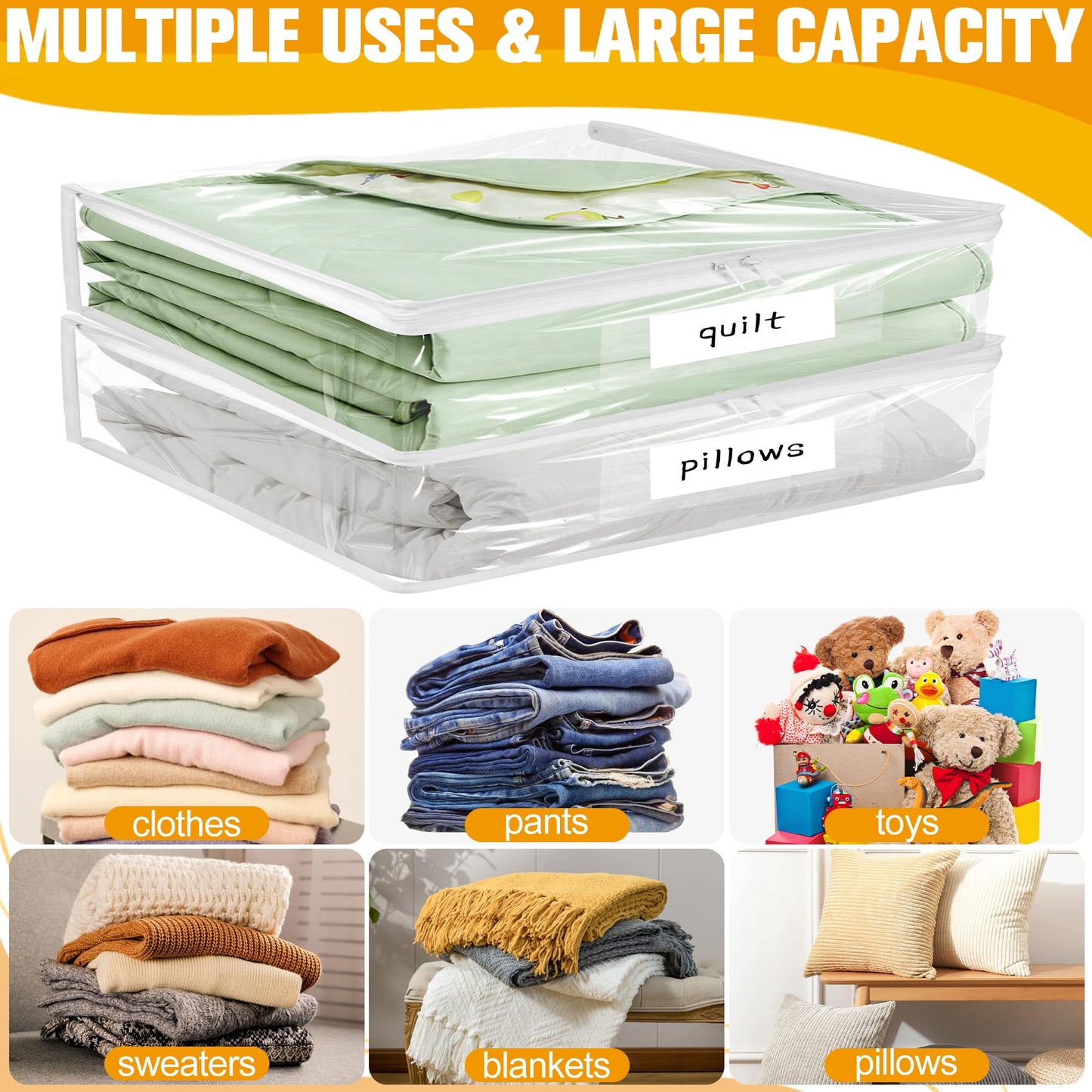 Plastic Storage Bags with Easy-Glide Zipper, Pack of 6, Durable Clear Vinyl Zippered Storage Bags for Clothes Sweaters Comforters Blankets Sheets Bedding (15.7 x 13.8 x 3.9 Inch, White)