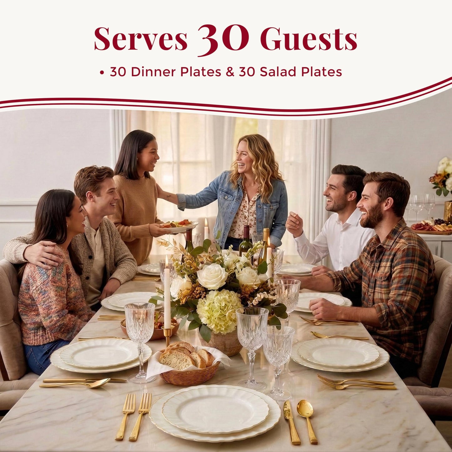 By Madee HEAVYWEIGHT Plastic Plates for Party | 60 Pc Ivory Scalloped Plates with Gold Trim | Fancy Disposable Plates for Weddings, Bridal Showers & Events | 30 Dinner & 30 Dessert