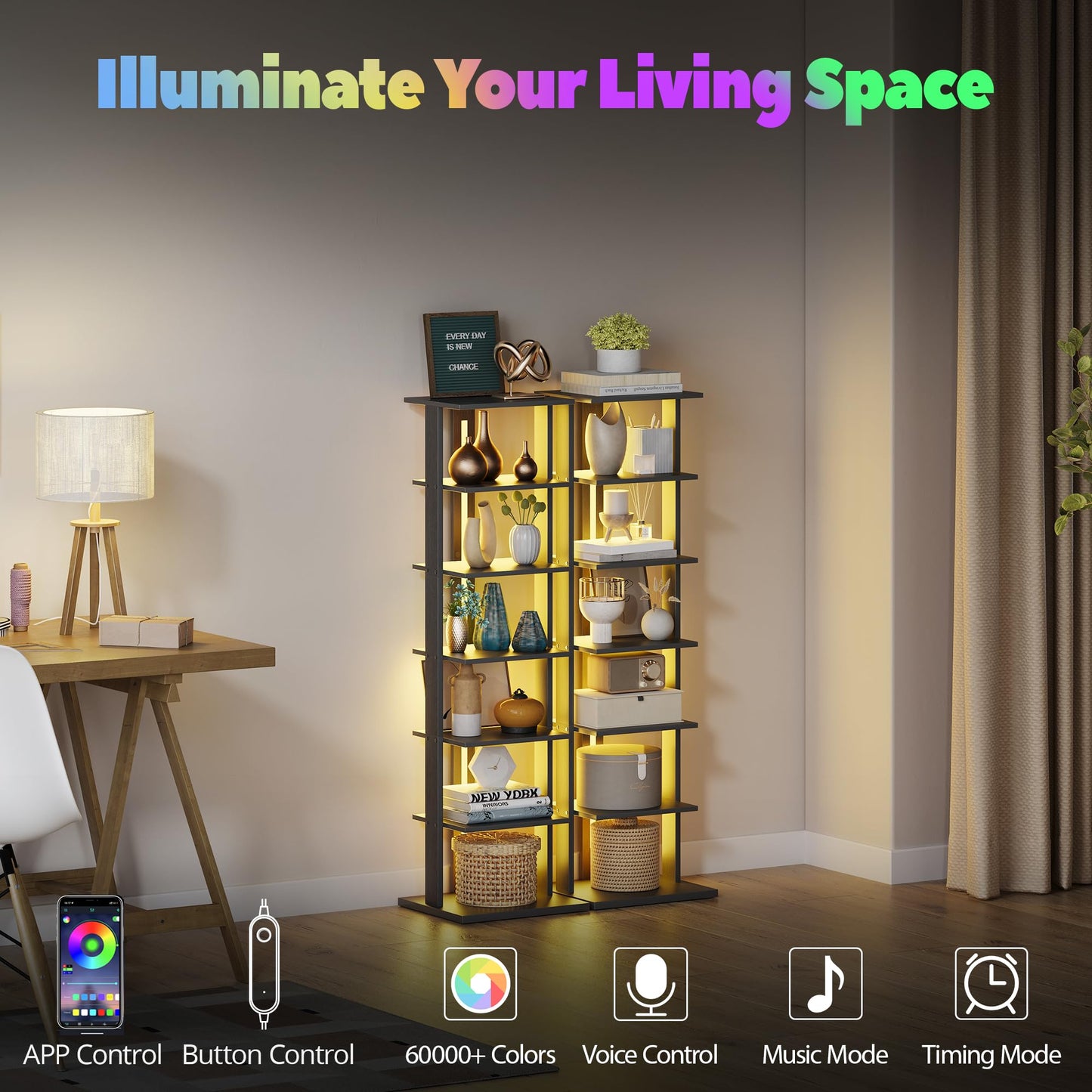 GLANZALANT 7-Tier Bookshelf, Narrow Bookcase with LED Lights, 47.2 Inch Book Shelf for Small Space, Display Storage Shelf for Living Room, Bedroom, Home Office, Study, Black