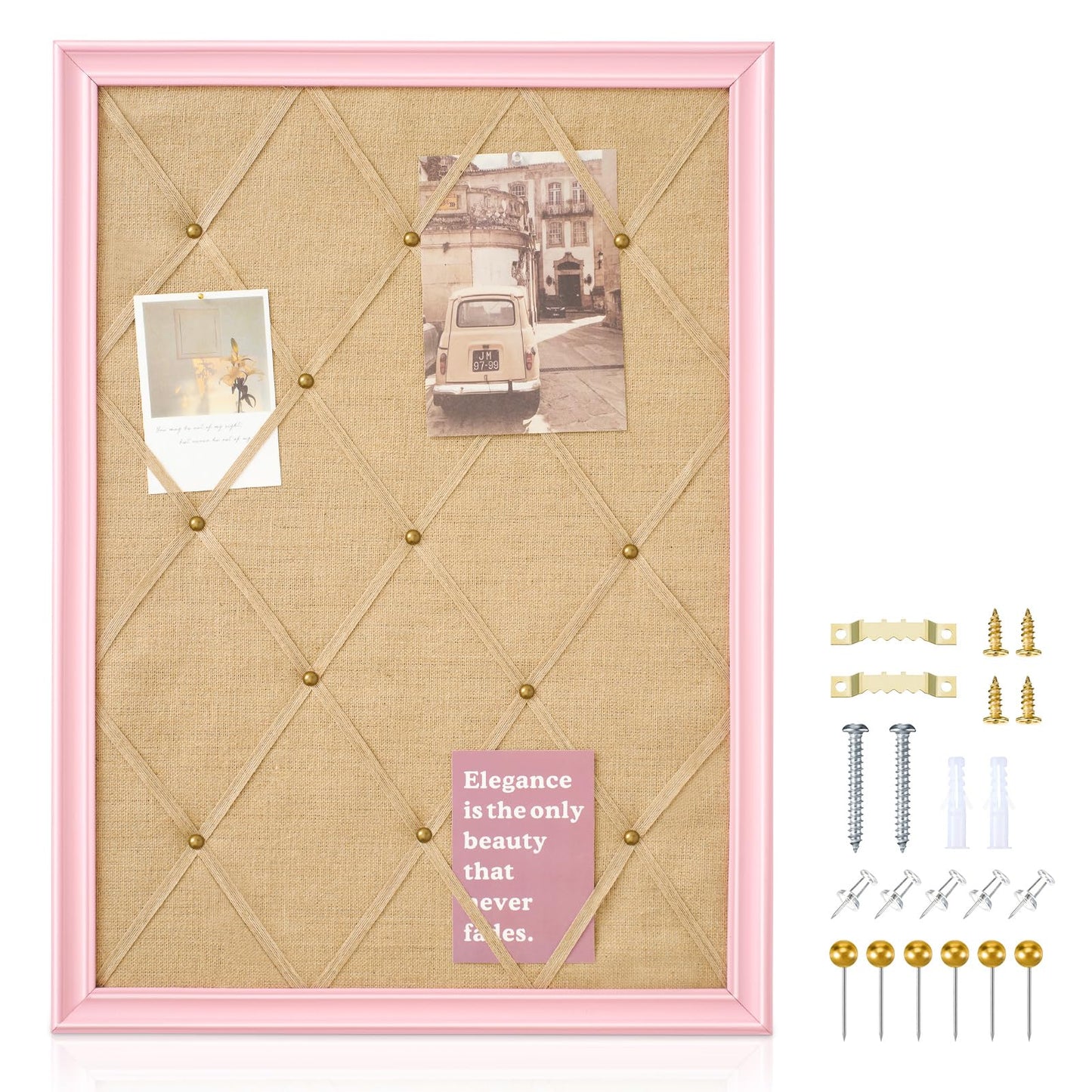 DoubleFill Pink Bulletin Board 21"×27" Pink Linen Fabric Decorative Board Hanging Memo Boards with 20 Pushpins for Women Office Large Cork Bulletin Boards for Home & Office Wall Decor Photos Display