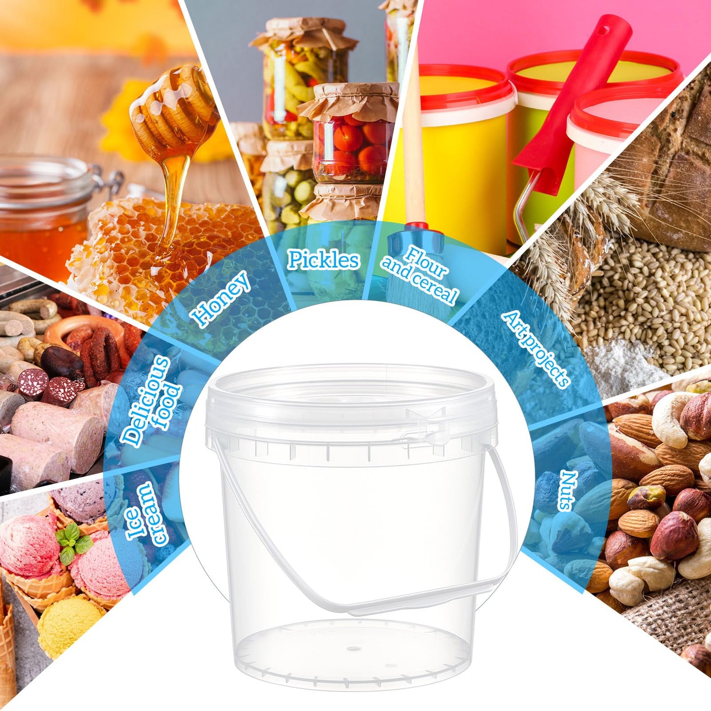 Afarnook 10 Pack 1 Gallon / 128 oz / 3.8 L Clear Plastic Bucket with Handle and Lids Food Storage Containers Freeze Safe Ice Cream Tubs for Deli Kitchen Drinks Home
