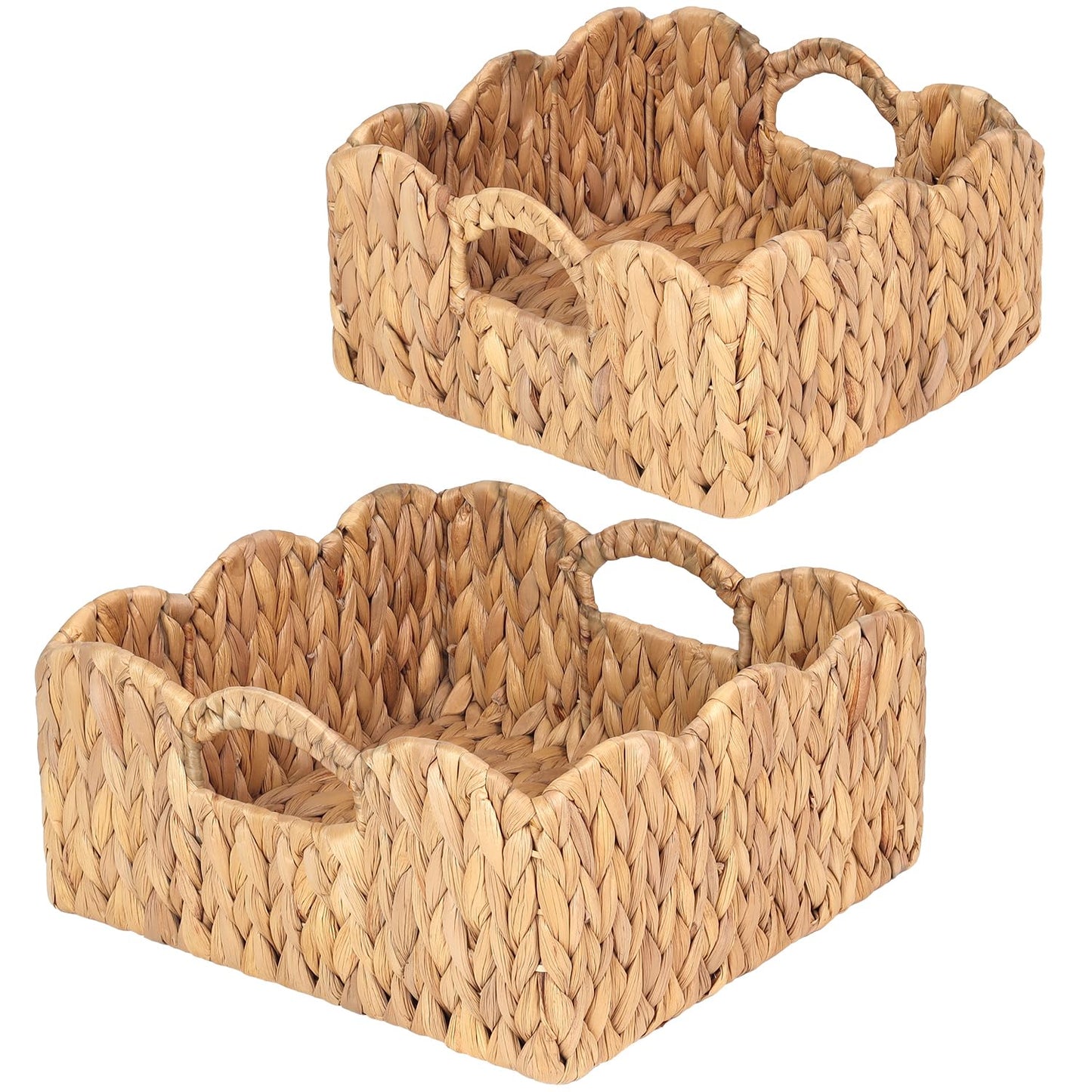 Scalloped Baskets (Natural-Set of 2) Basket Living Room Organizer, Water Hyacinth Baskets For Decor, Woven Basket for Bathroom, Bedroom, Laundr (2, Light Brown)